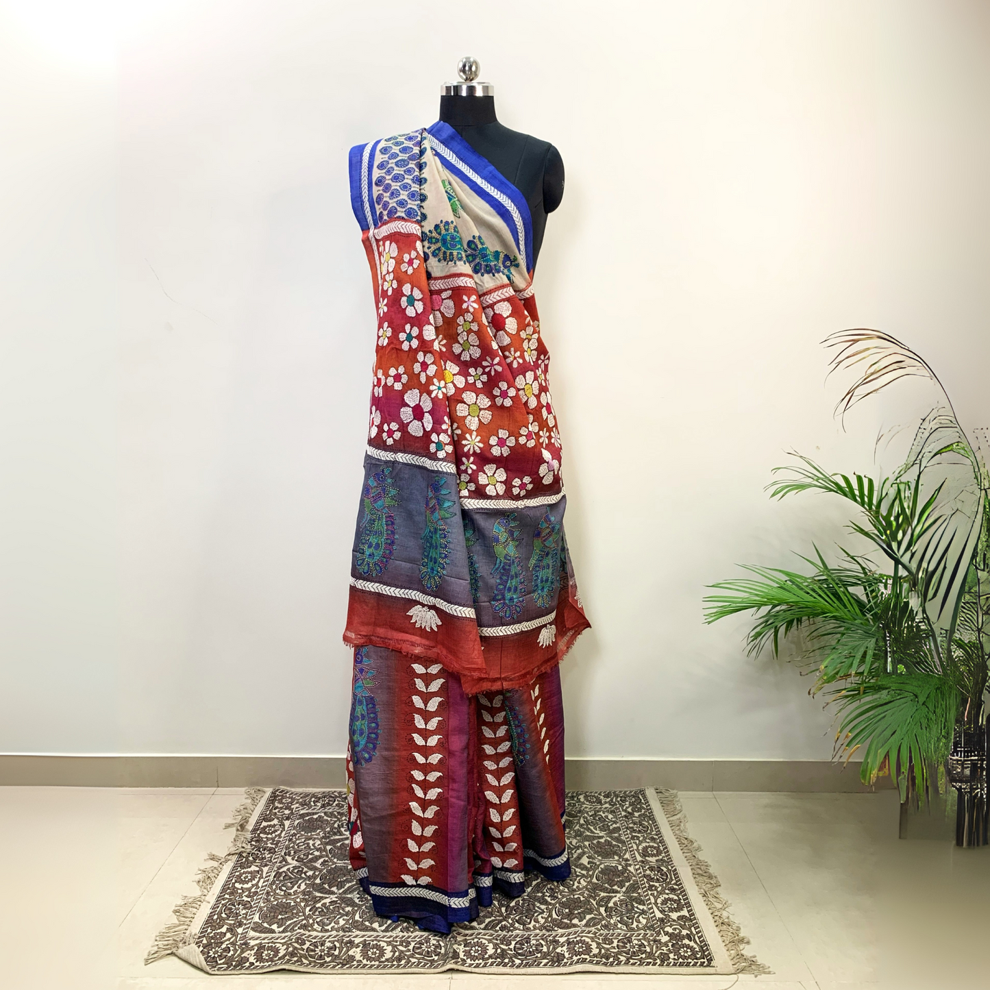 Tussar Silk Saree – Block Printed with Kantha Work