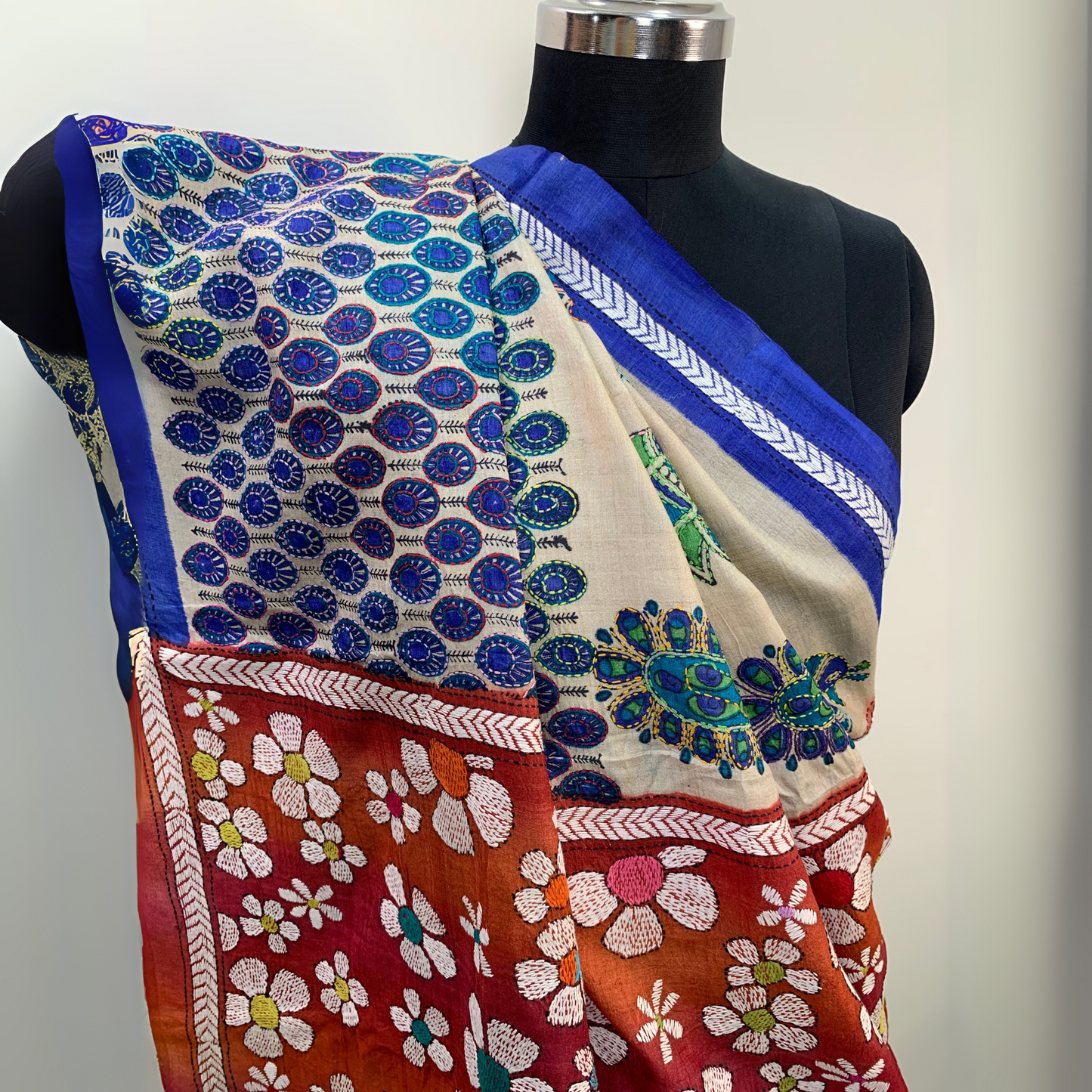 Tussar Silk Saree – Hand Painted with Kantha Work
