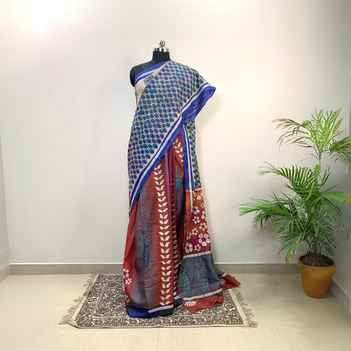 Tussar Silk Saree – Hand Painted with Kantha Work