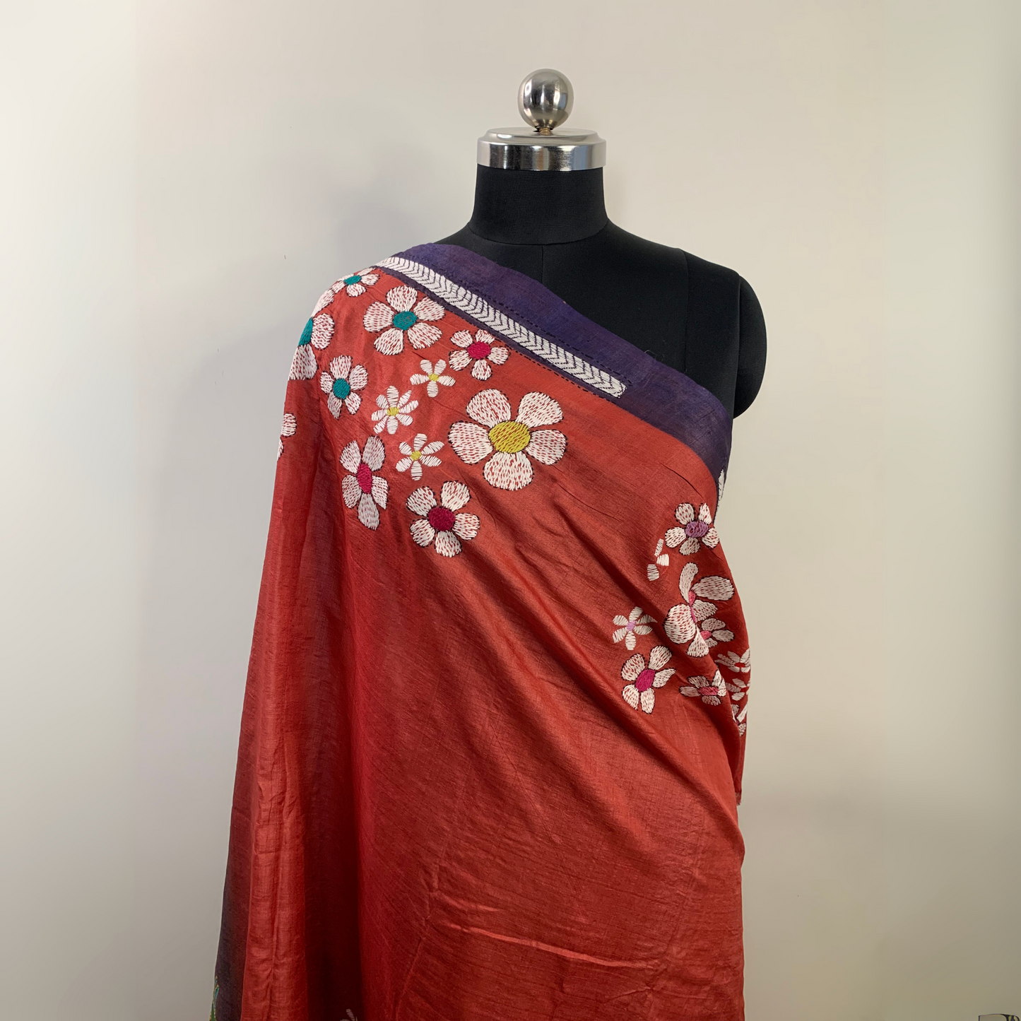 Tussar Silk Saree – Hand Painted with Kantha Work