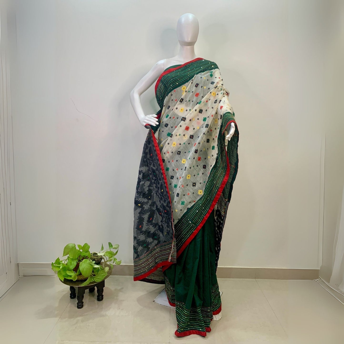 Black,White and Green Soft Dhakai Jamdani