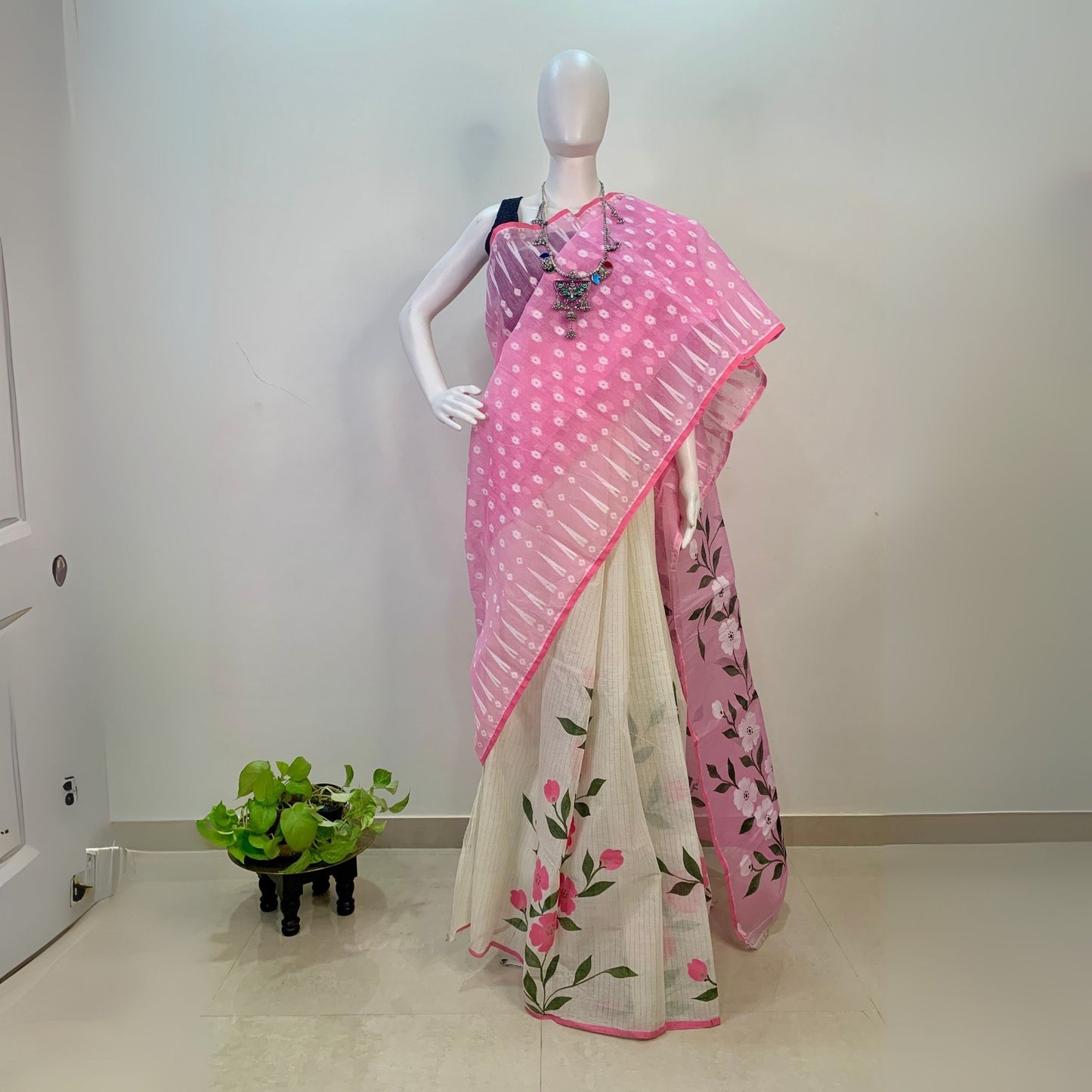 Pink & White Hand Painted Soft Dhakai Jamdani