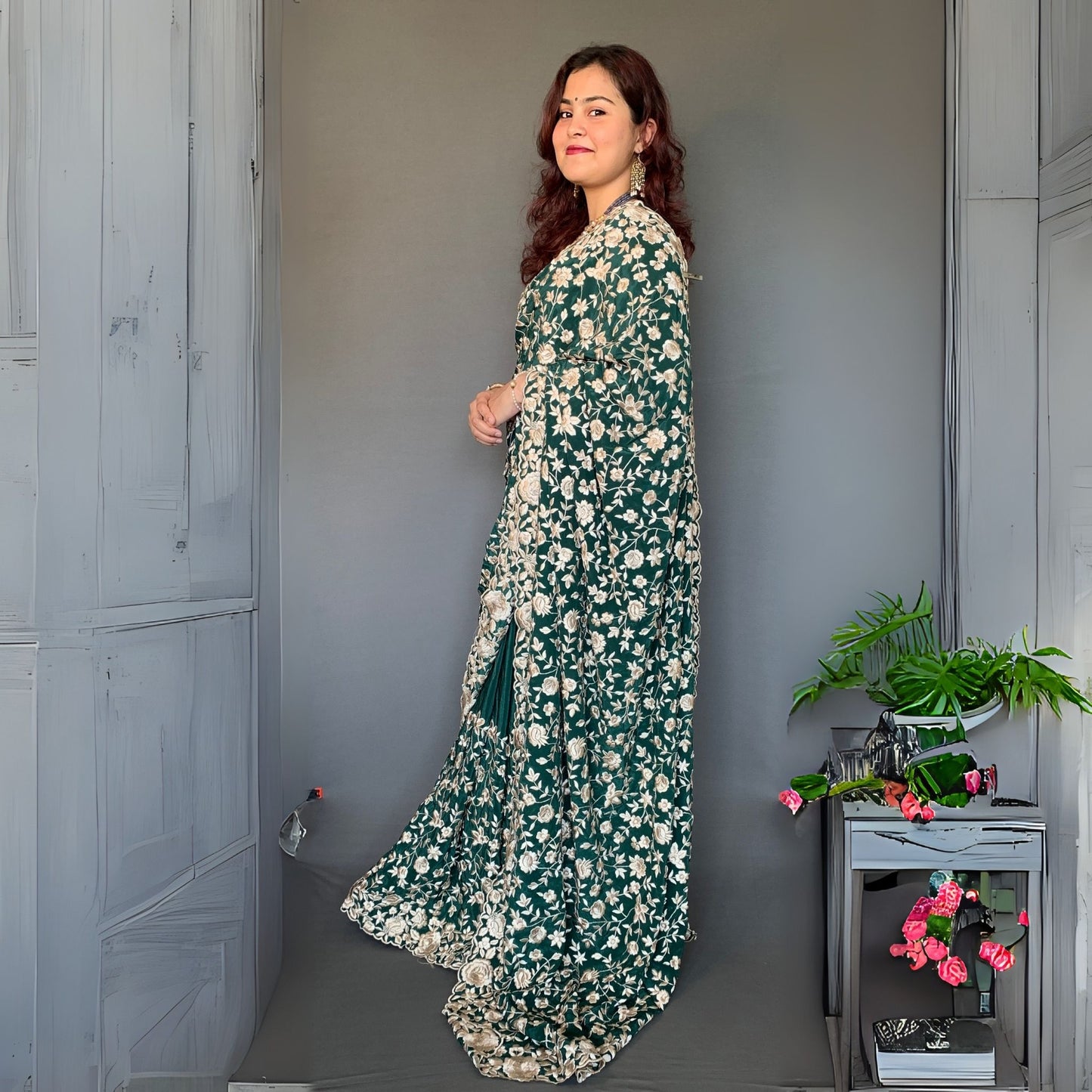 Green Parsi in Crepe Silk Saree