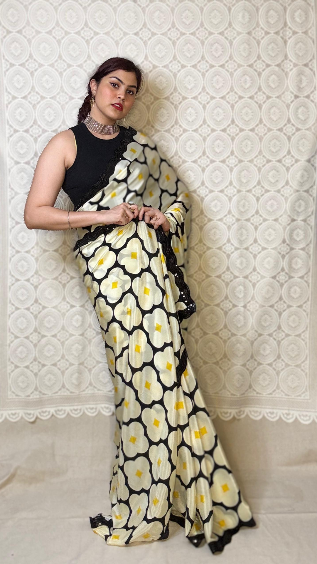 Yellow and Black Crepe Silk