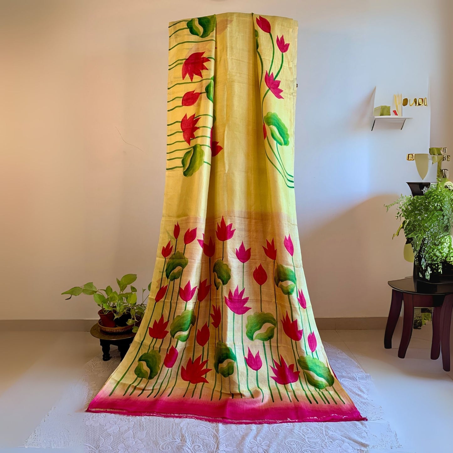 Light Yellow Hand painted Pure Silk Saree