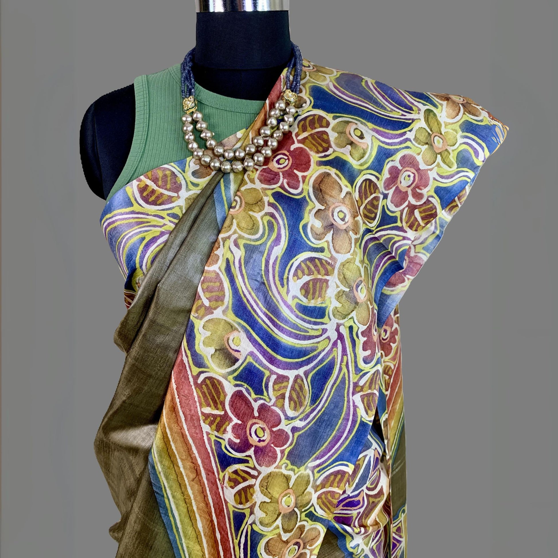 Hand Painted Antique Gold Tussar Silk Saree