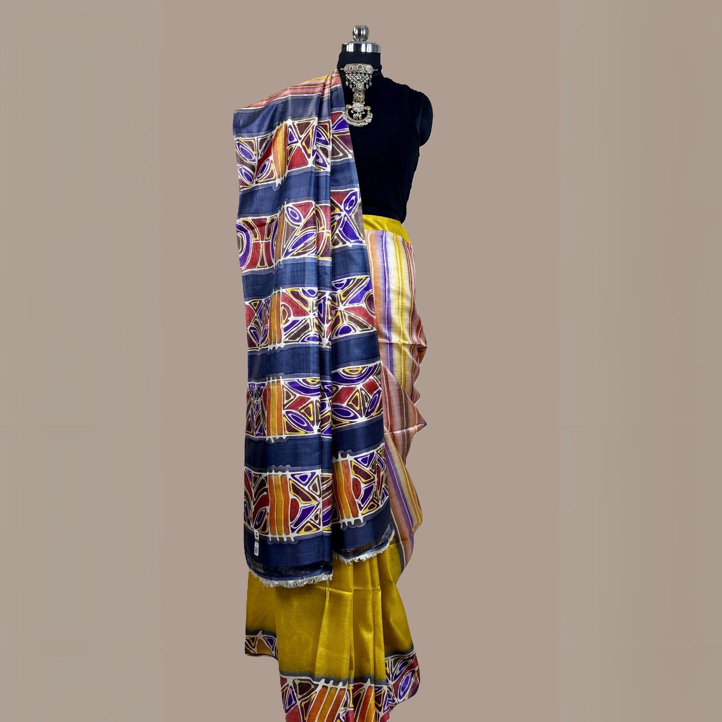Alcohol Ink Painted Yellow Colour Tussar Saree