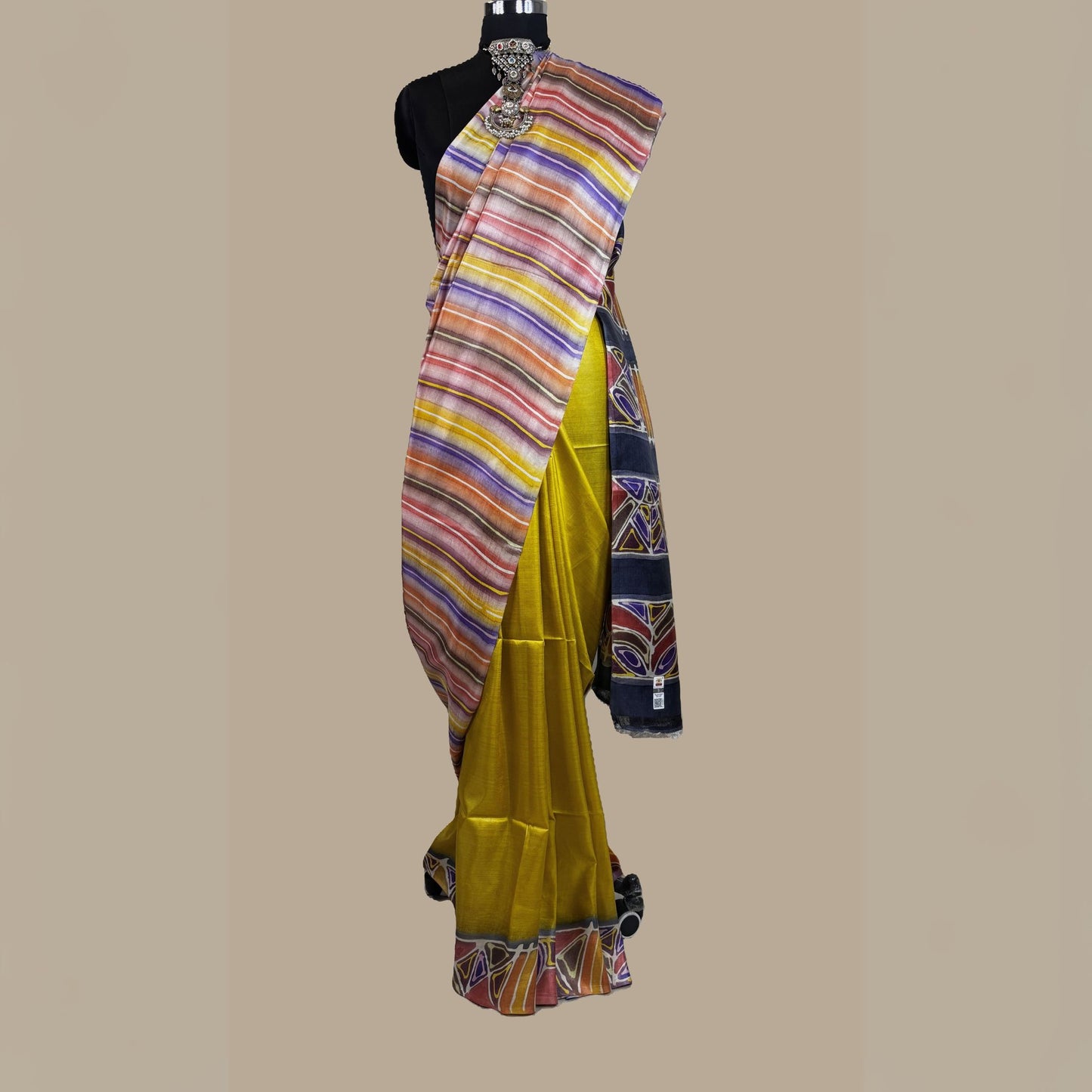 Alcohol Ink Painted Yellow Colour Tussar Saree