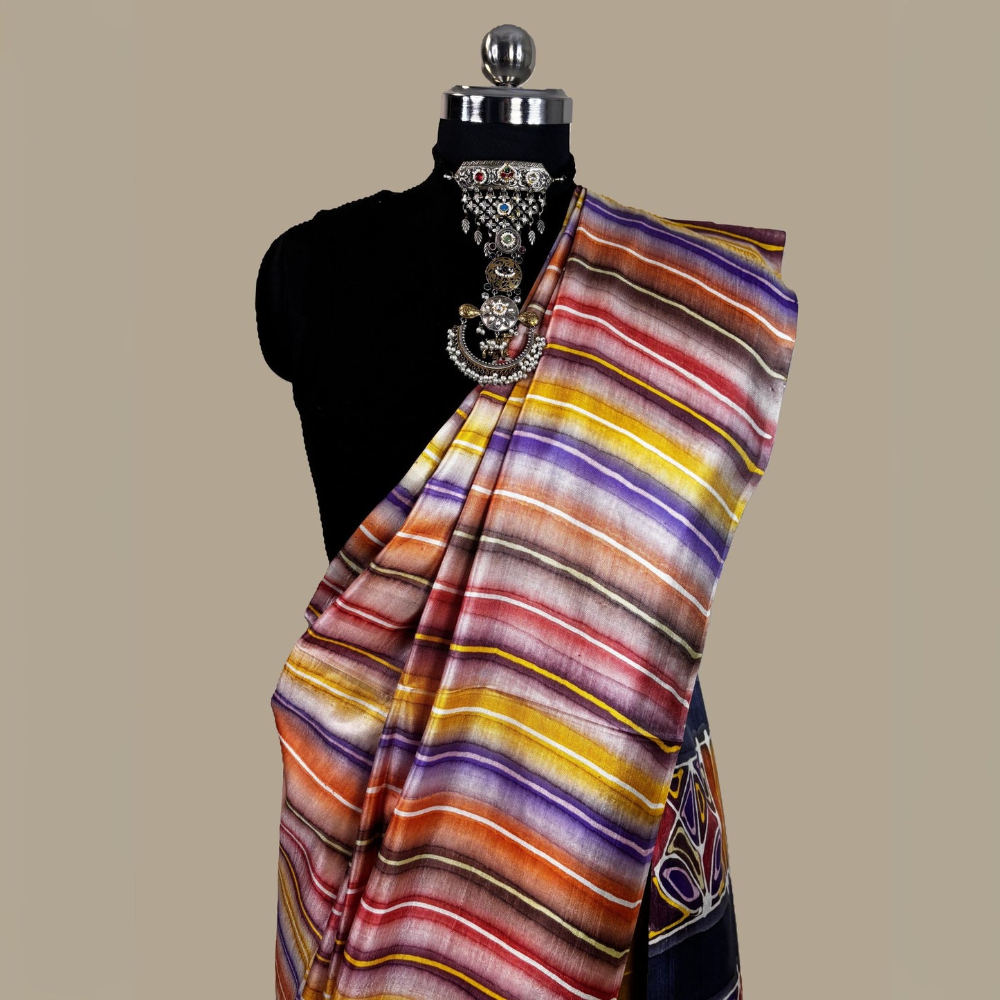 Alcohol Ink Painted Yellow Colour Tussar Saree