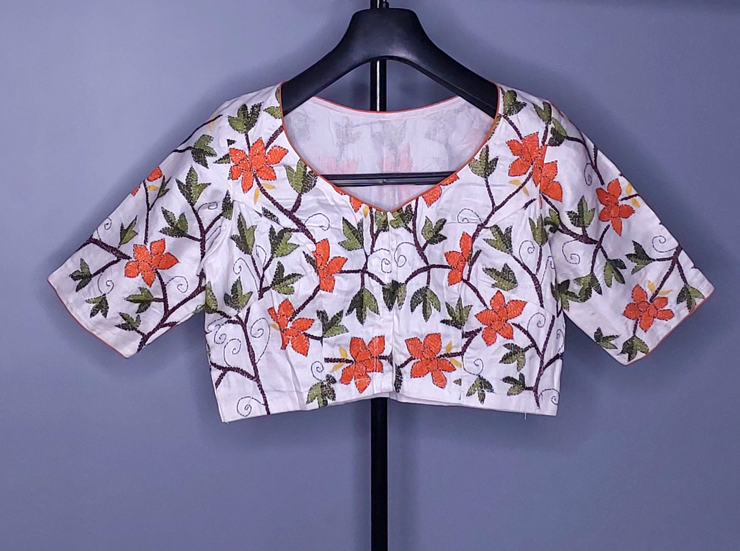 Kantha Work White & Orange Silk Cotton Blouse (Copy)