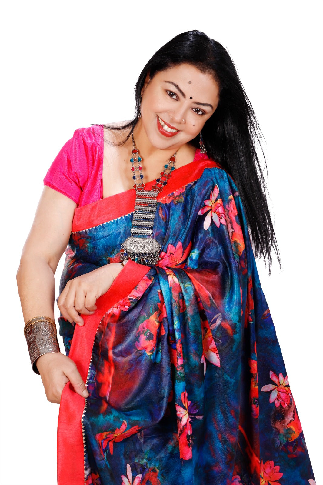 Blue Digital Printed Satin Georgette Saree