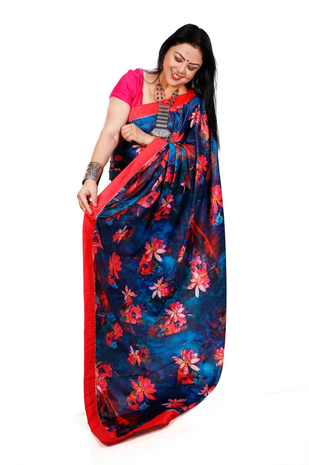 Blue Digital Printed Satin Georgette Saree