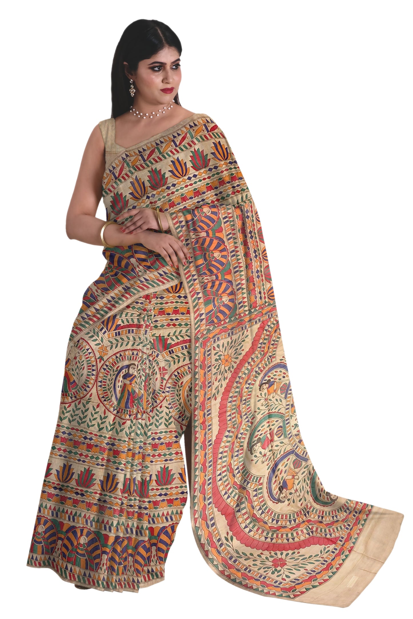 Hand painted Madhubani on Tussar Silk