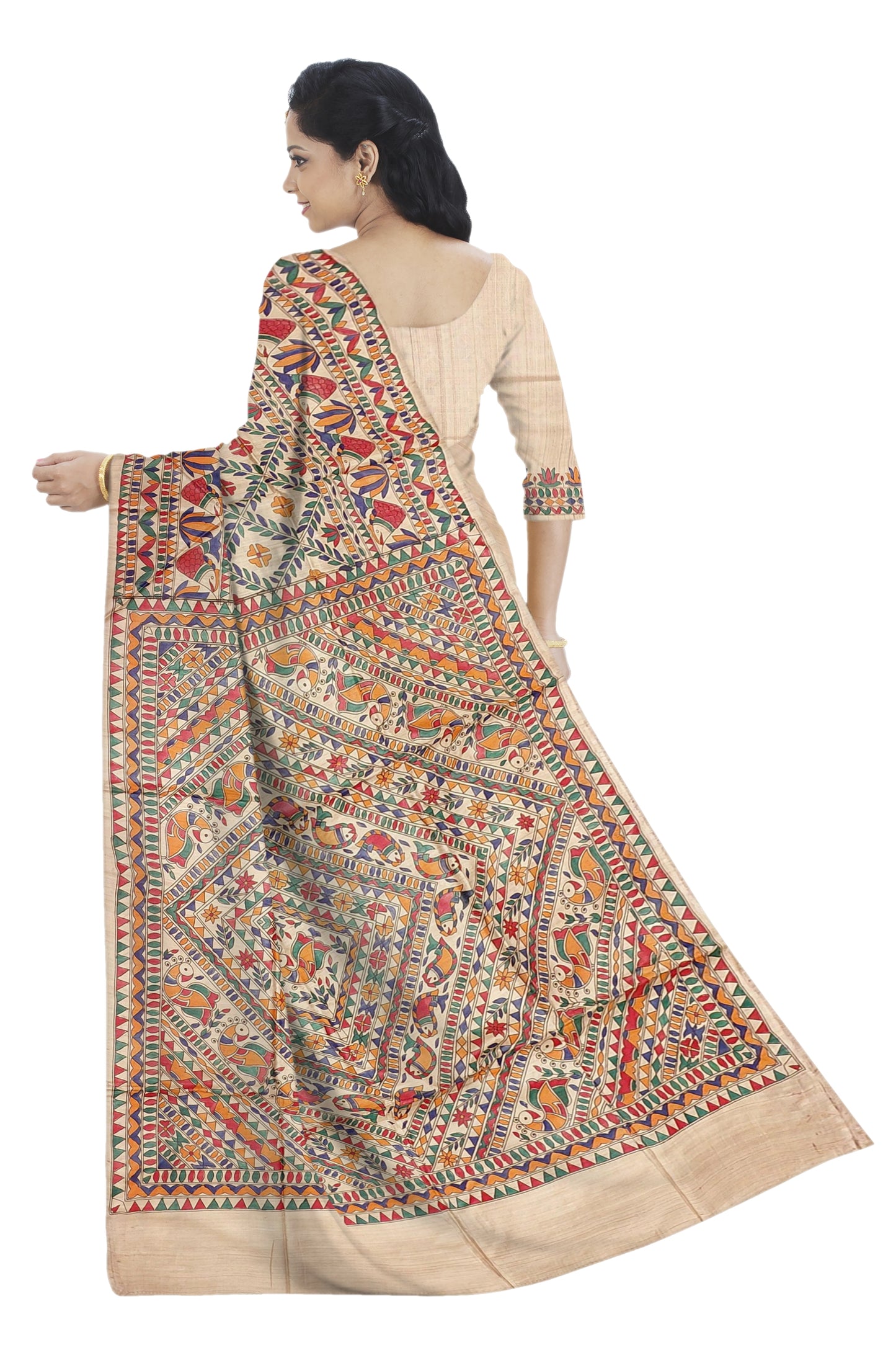 Madhubani Painting on Tussar Silk Saree