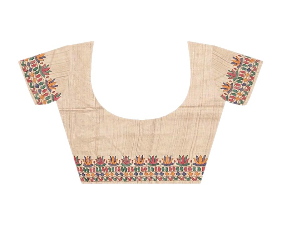 Madhubani Painting on Tussar Silk Saree