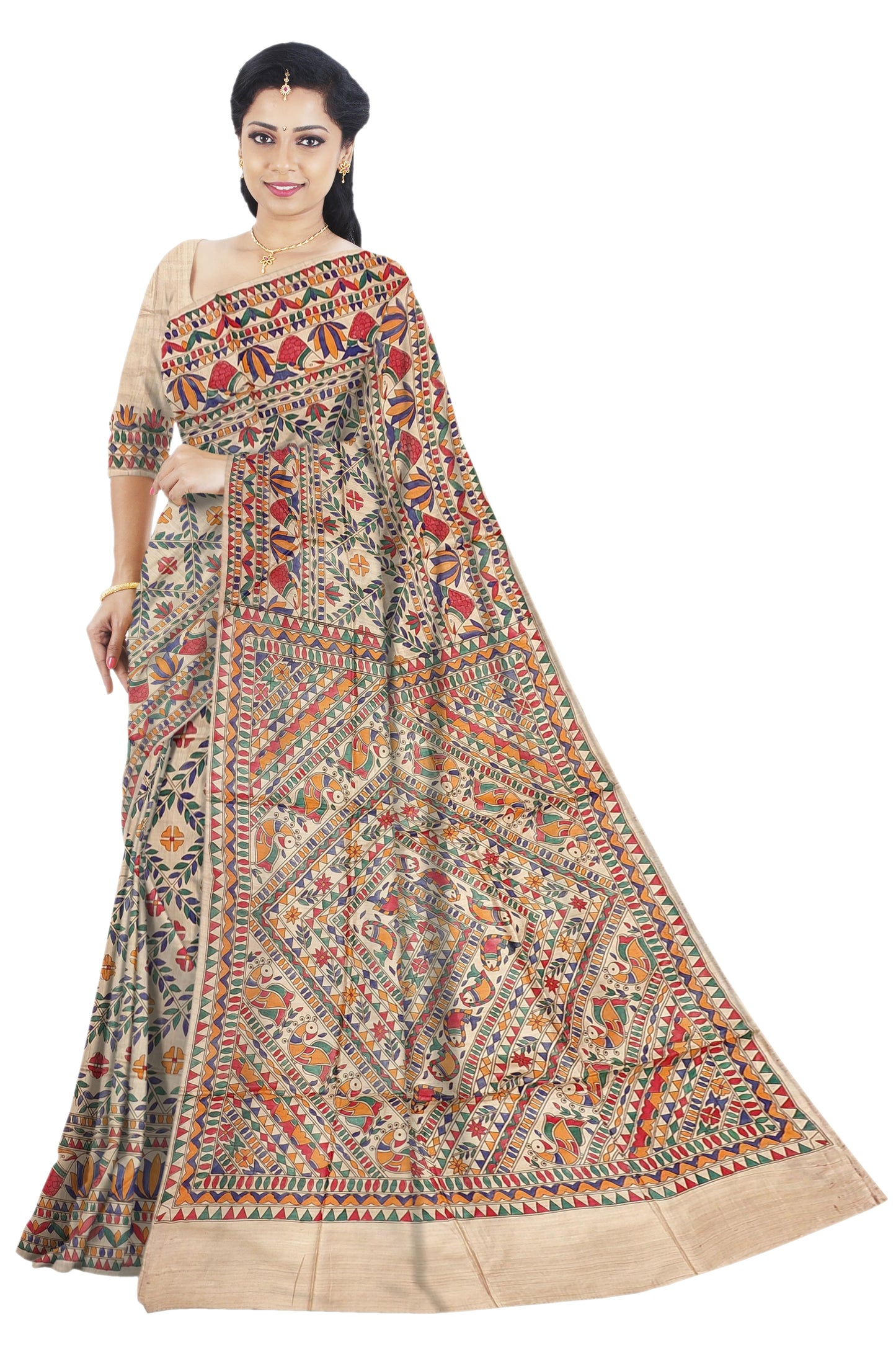 Madhubani Painting on Tussar Silk Saree