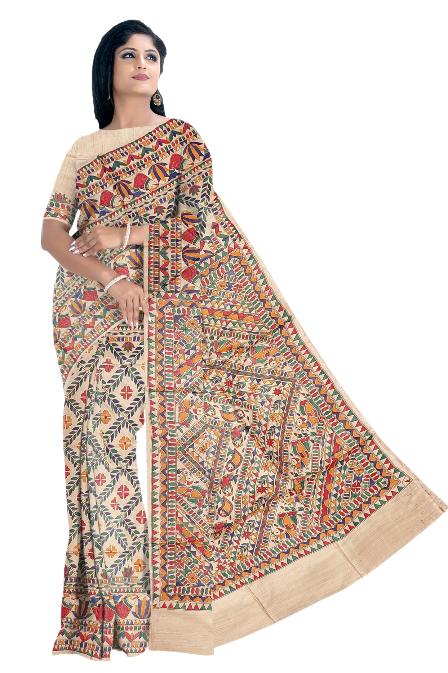 Madhubani Painting on Tussar Silk Saree