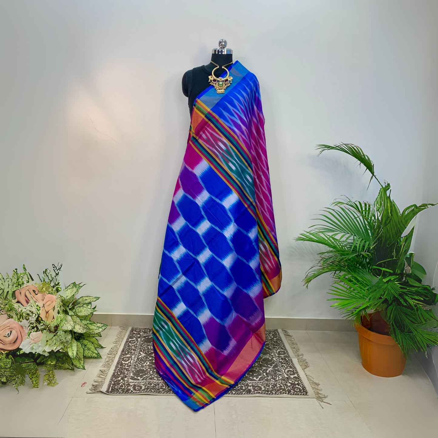 Blue & Majenta Pure Silk Ikkat Saree