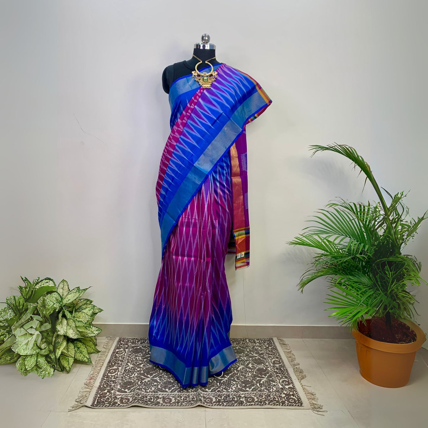 Blue & Majenta Pure Silk Ikkat Saree