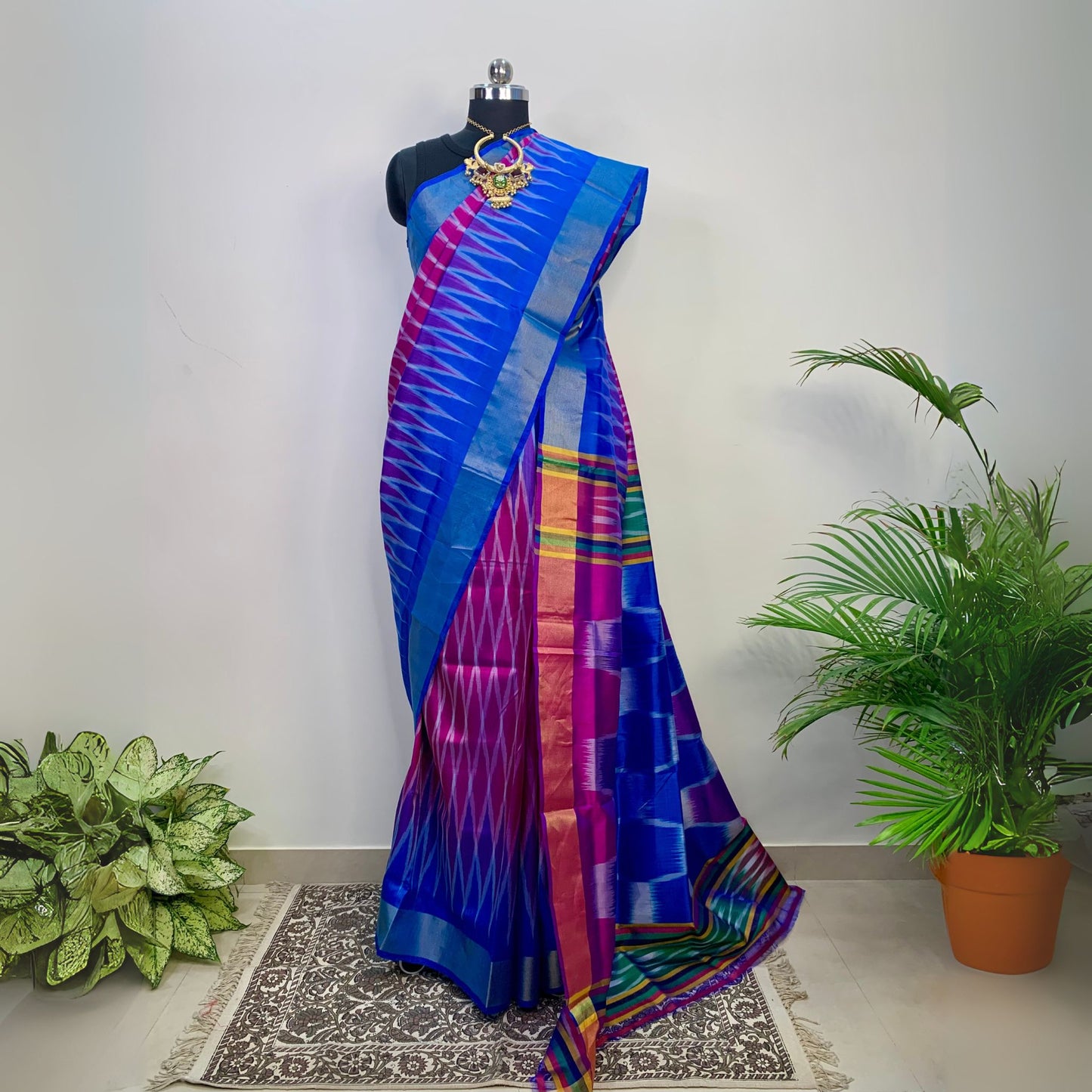 Blue & Majenta Pure Silk Ikkat Saree