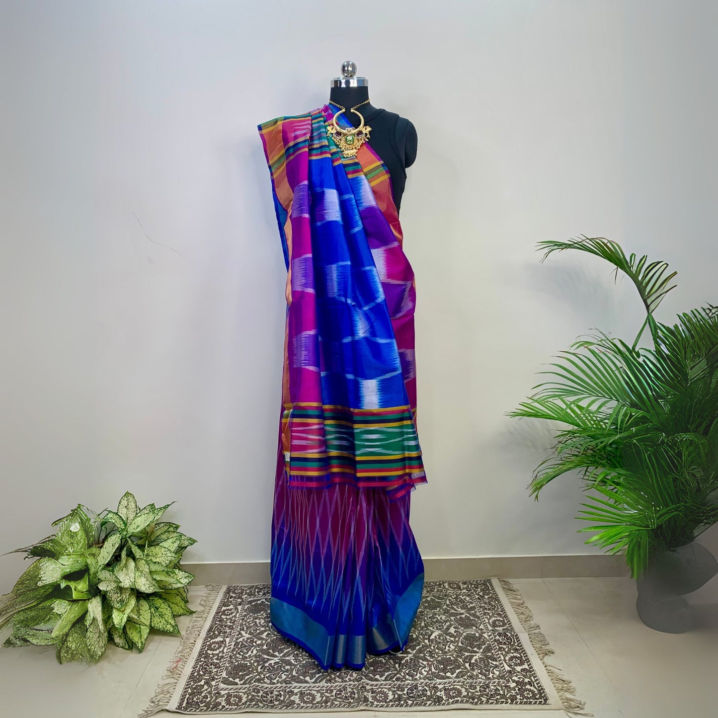 Blue & Majenta Pure Silk Ikkat Saree
