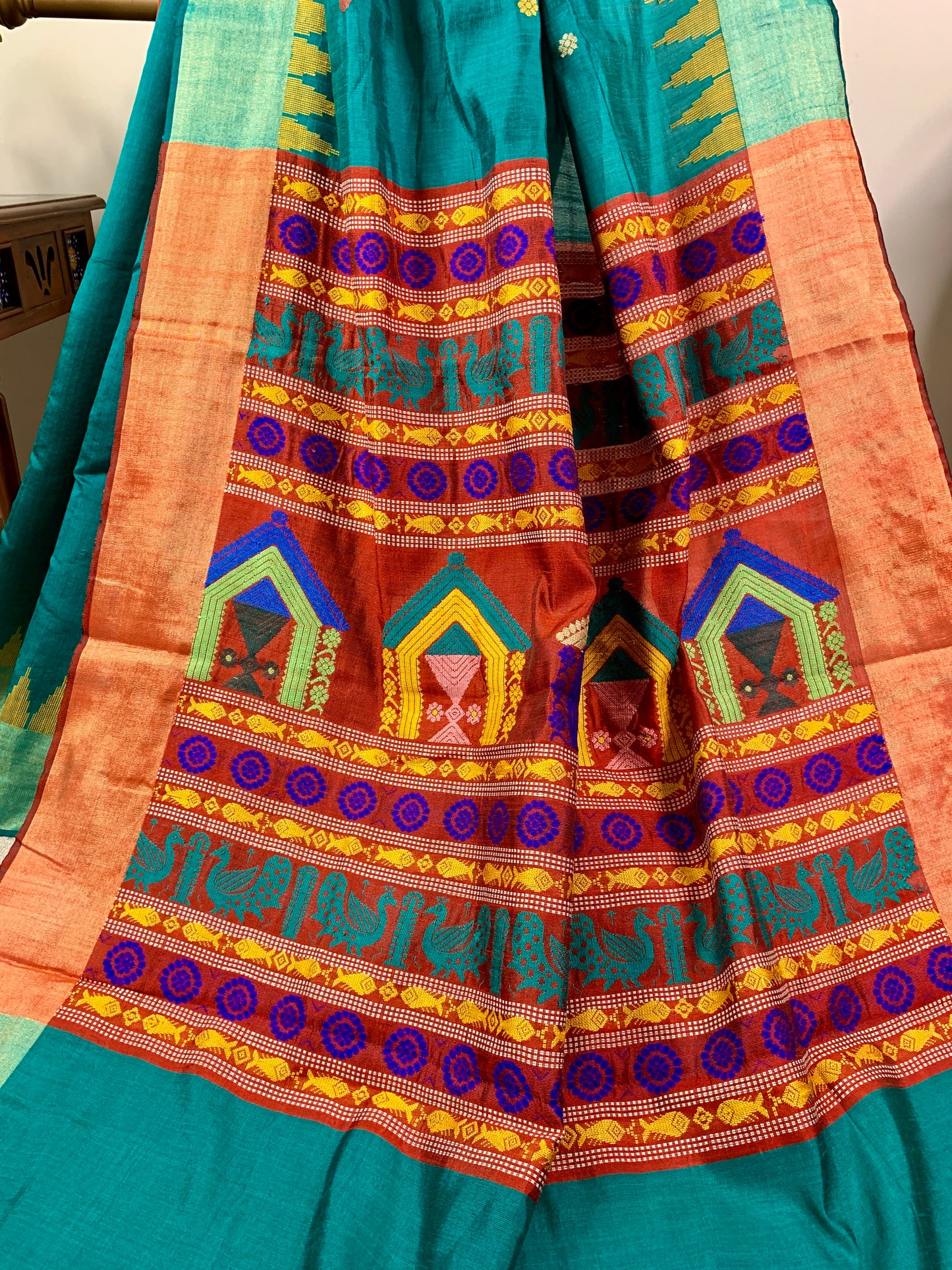 Turquoise Blue Dolaberi in Raw Silk Saree