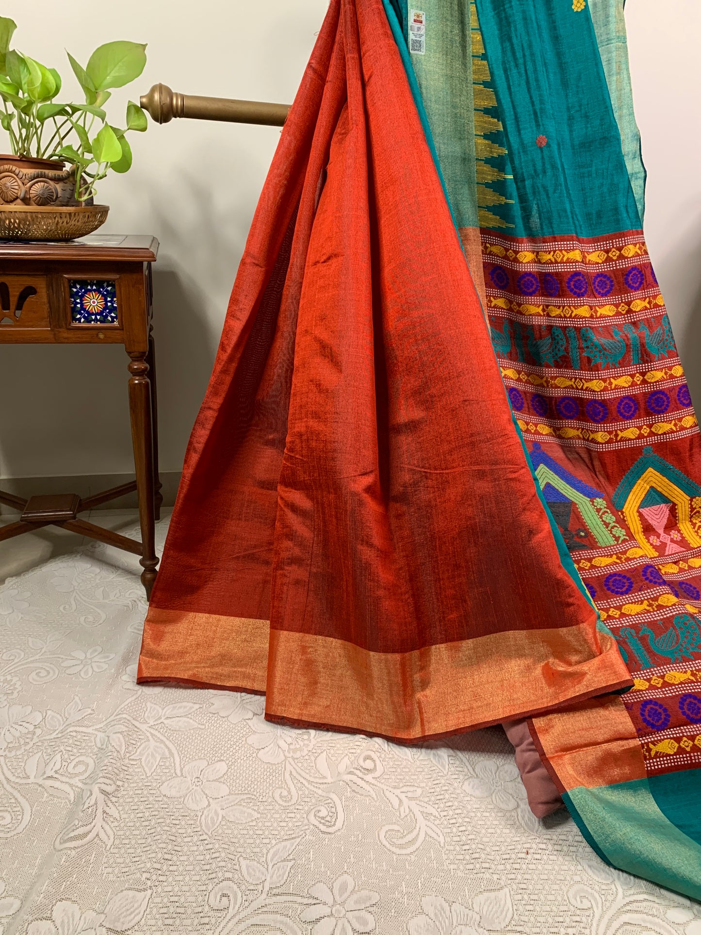Turquoise Blue Dolaberi in Raw Silk Saree