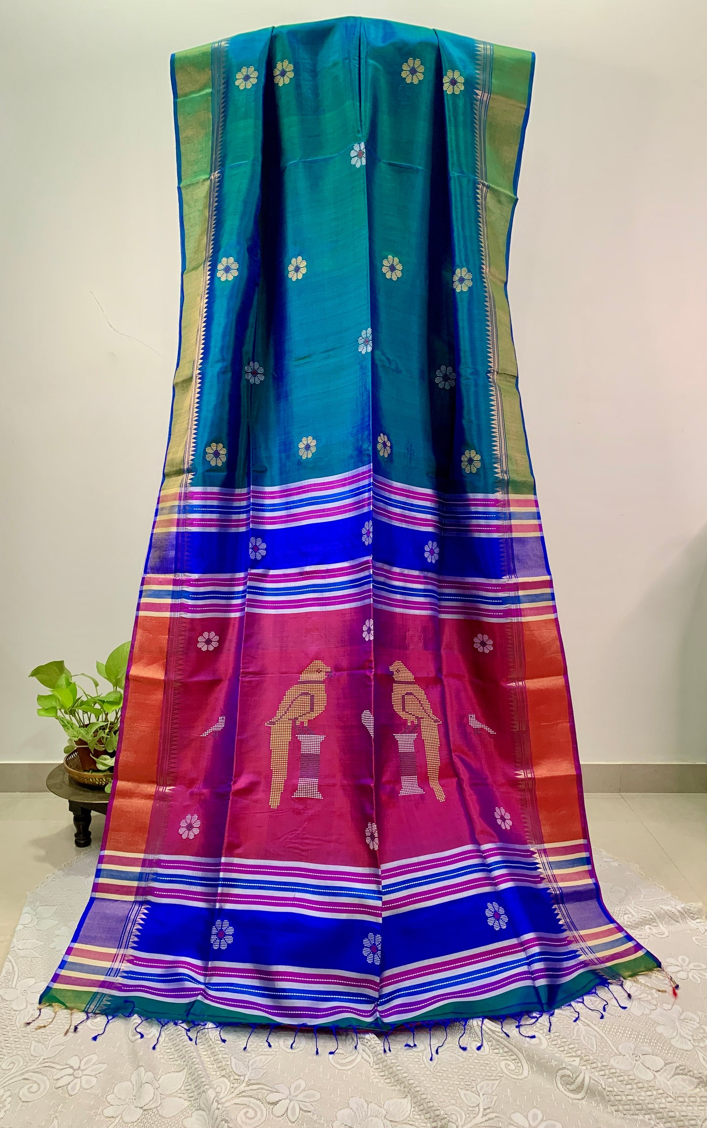 Dual tone Green and Blue Pure Silk Kalakshetra Saree