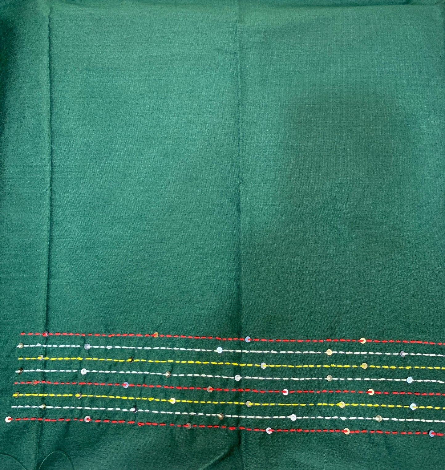 Close-up of green fabric with decorative stitching
