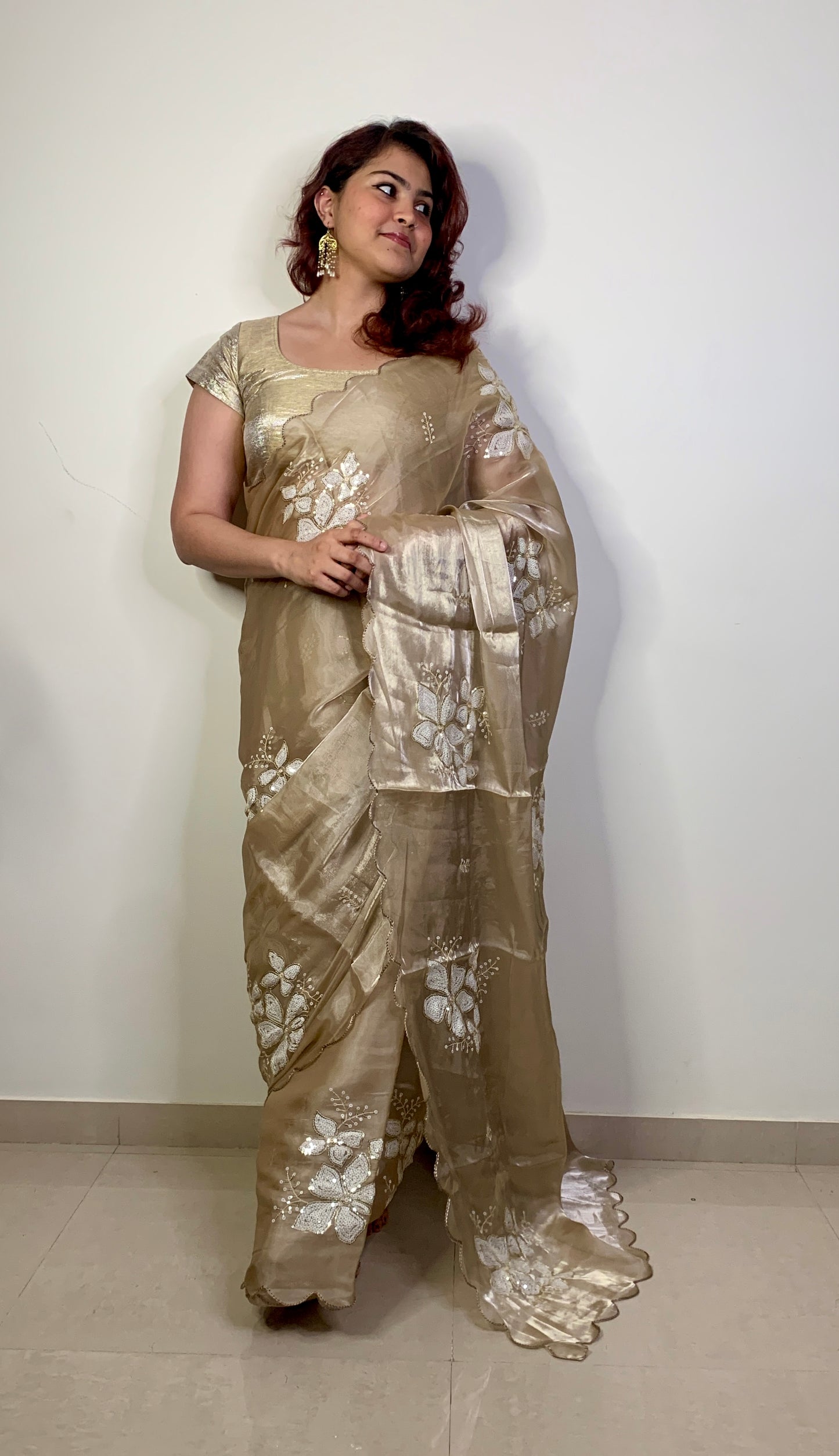 Water Gold Colour Embroidered Organza Silk Saree