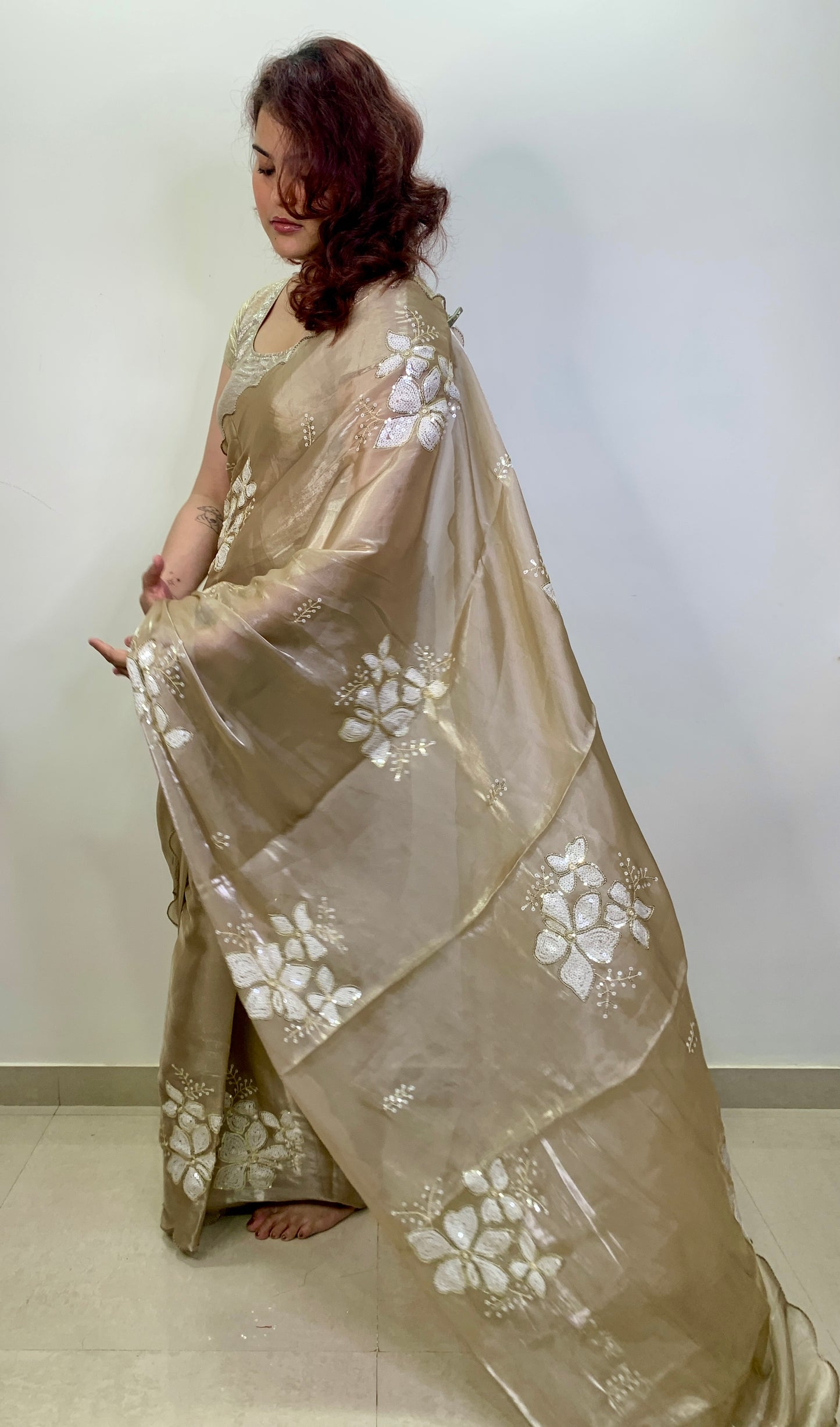 Water Gold Colour Embroidered Organza Silk Saree