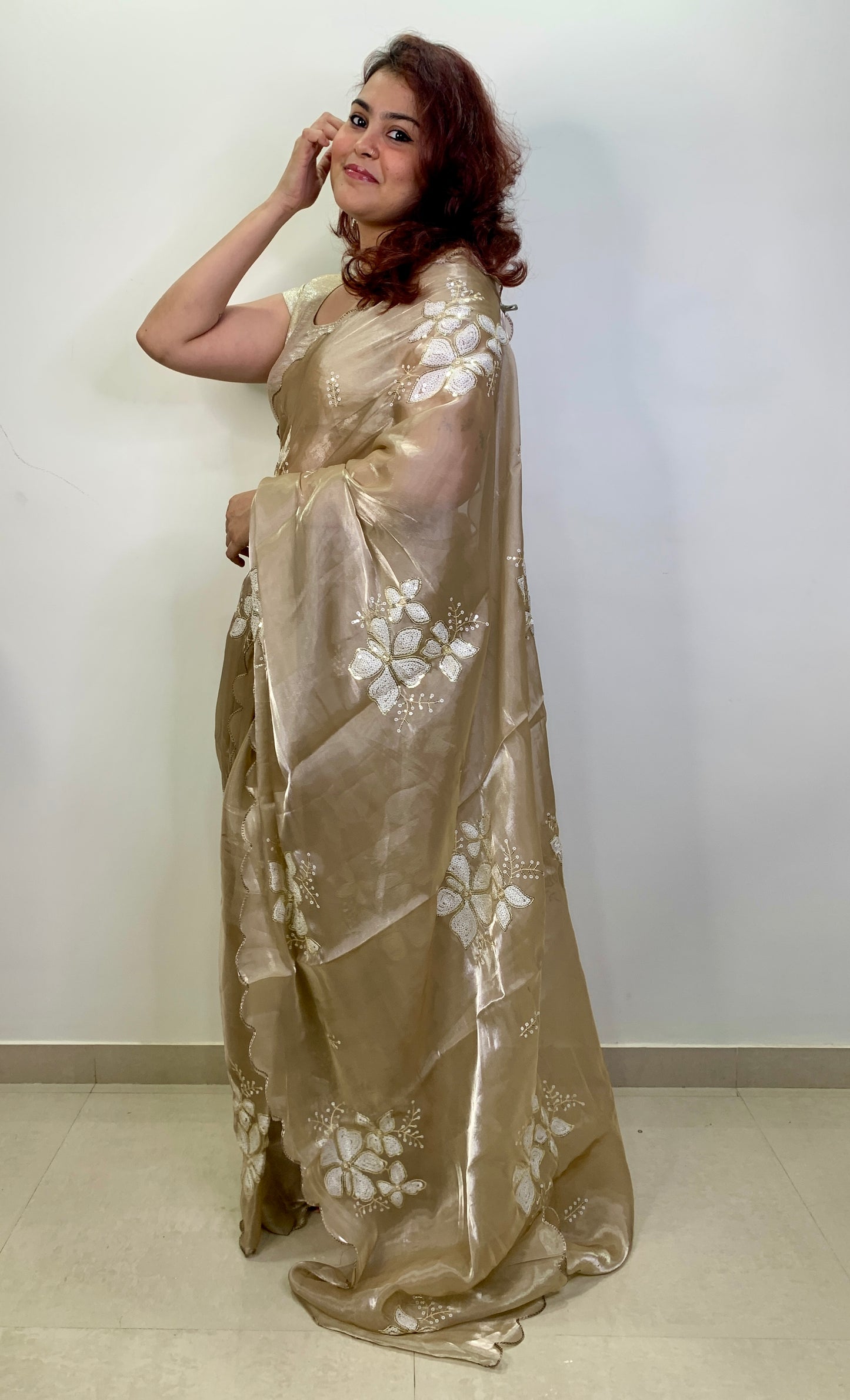 Water Gold Colour Embroidered Organza Silk Saree