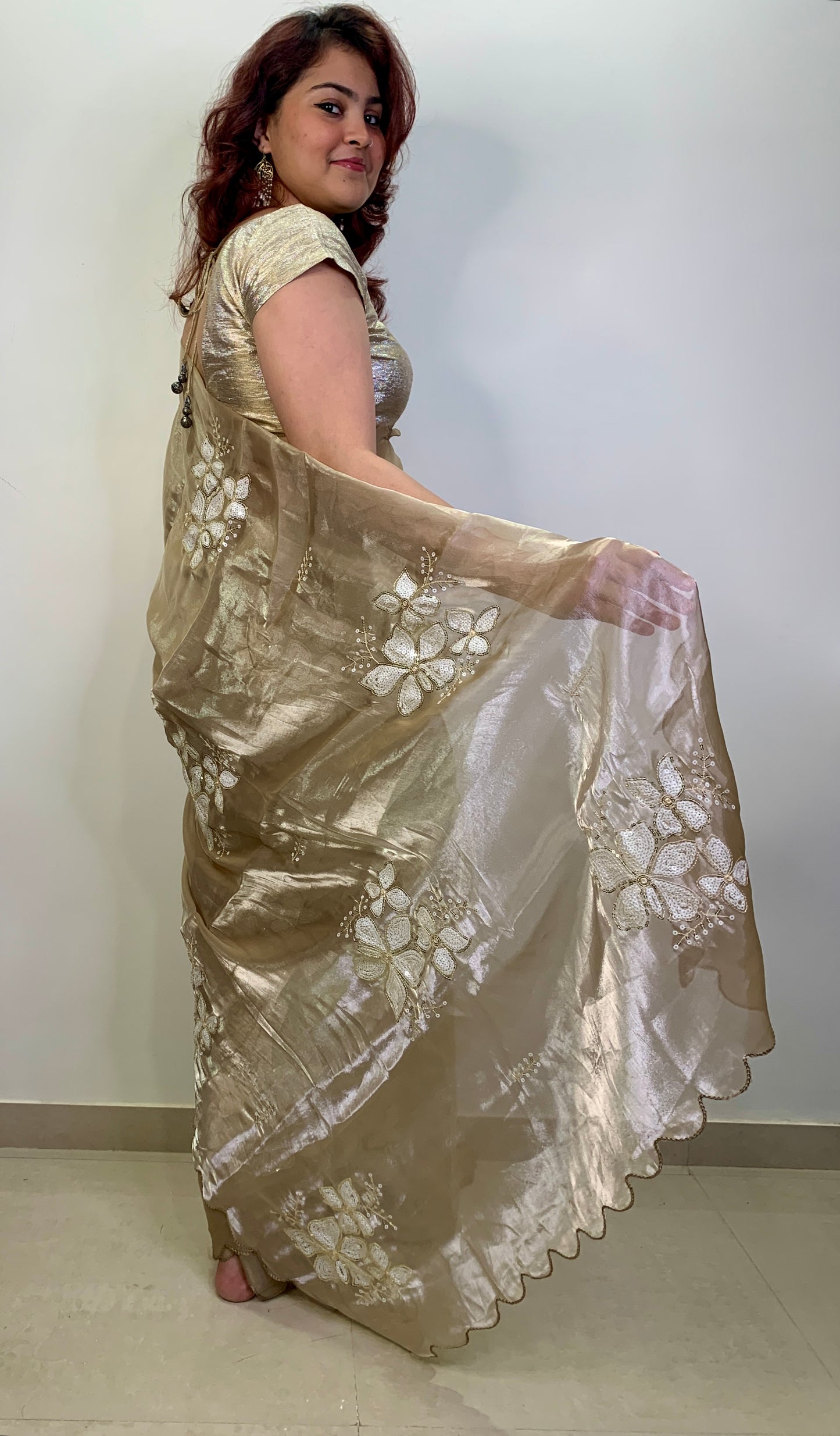 Water Gold Colour Embroidered Organza Silk Saree