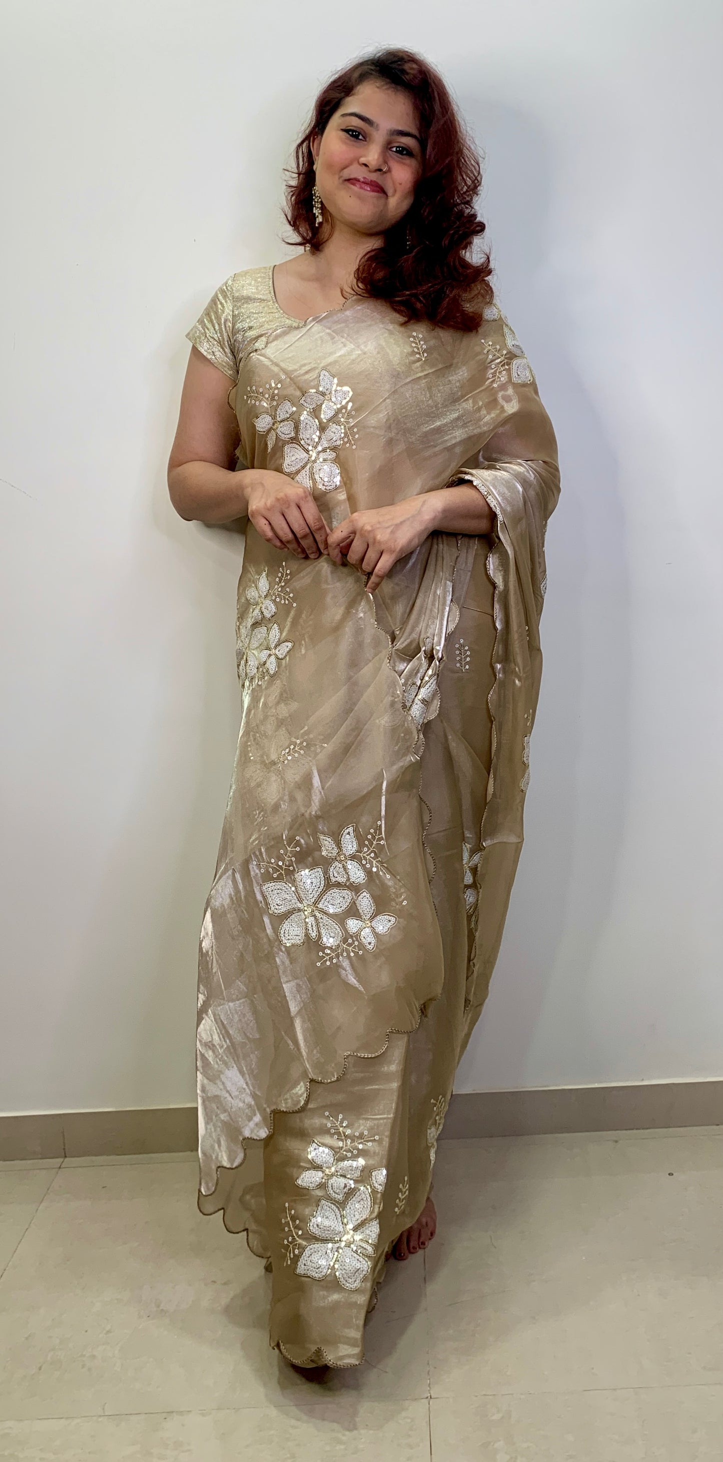 Water Gold Colour Embroidered Organza Silk Saree