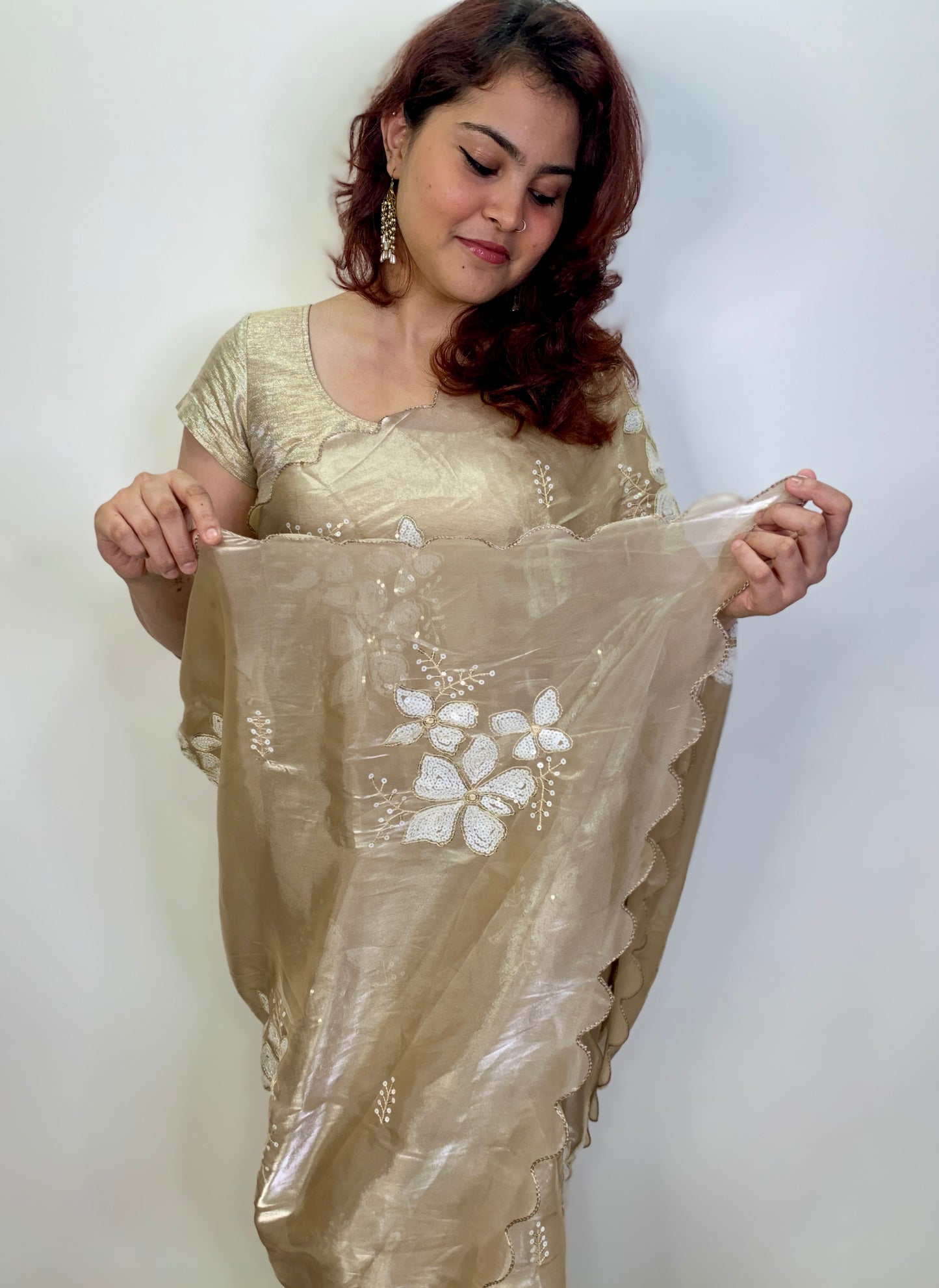 Water Gold Colour Embroidered Organza Silk Saree
