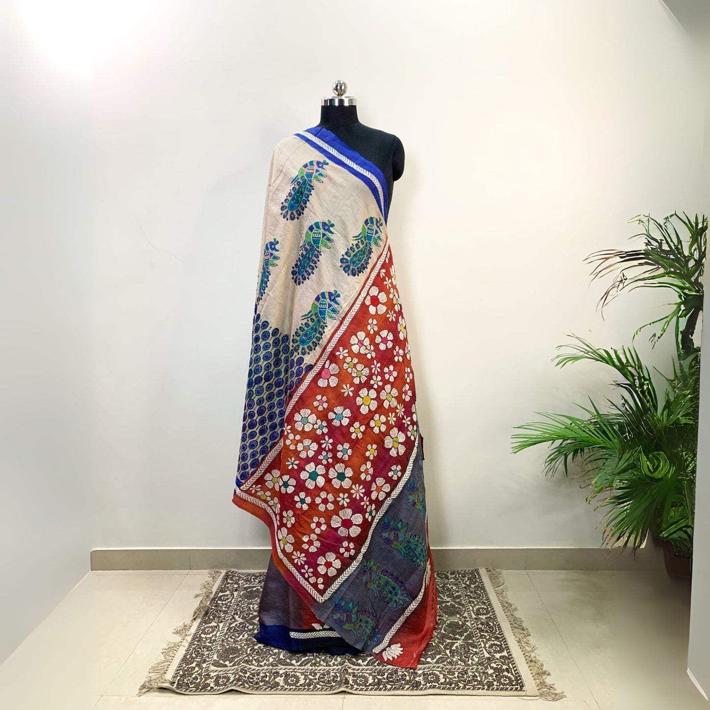 Tussar Silk Saree – Hand Painted with Kantha Work