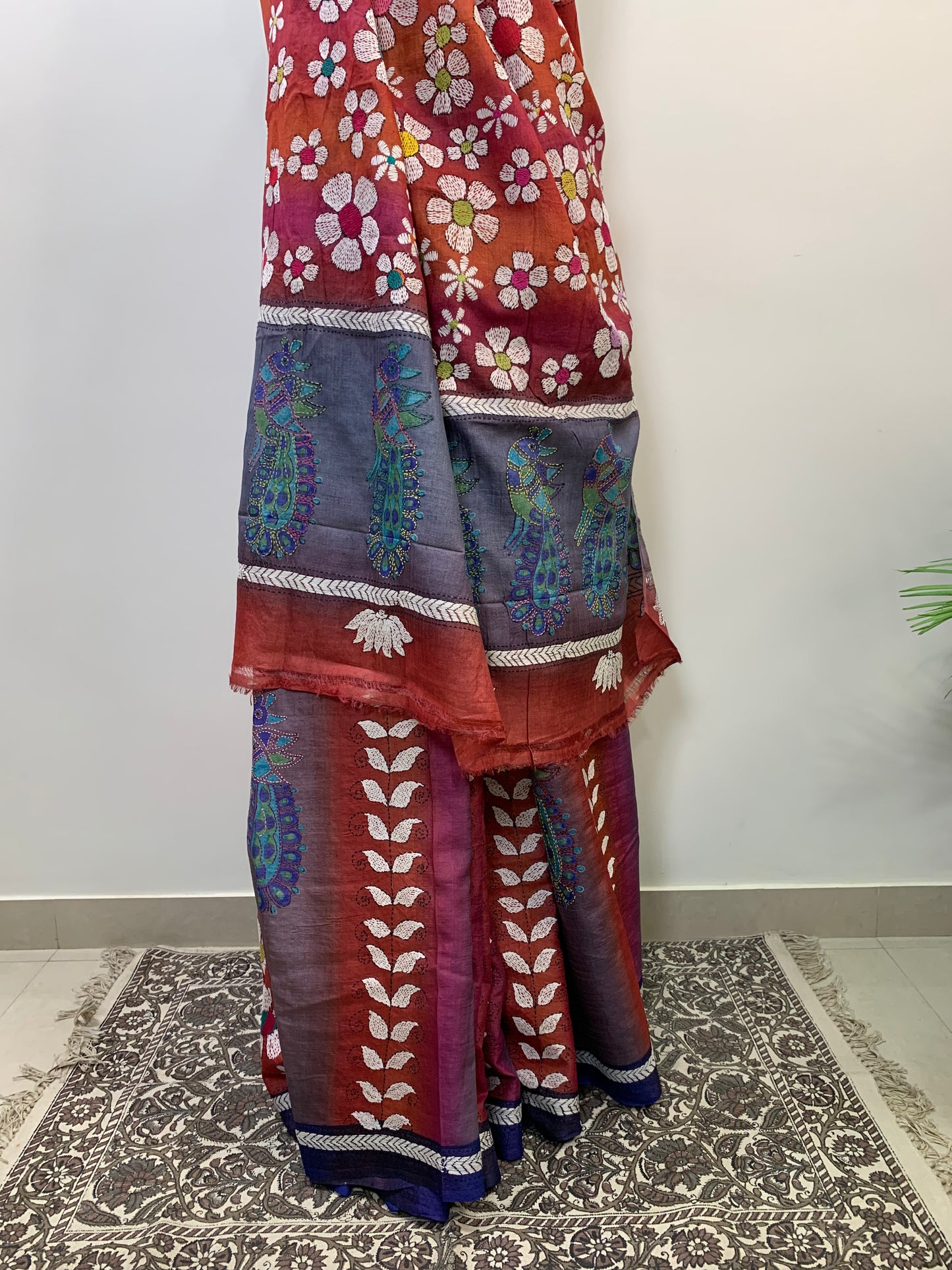 Tussar Silk Saree – Hand Painted with Kantha Work