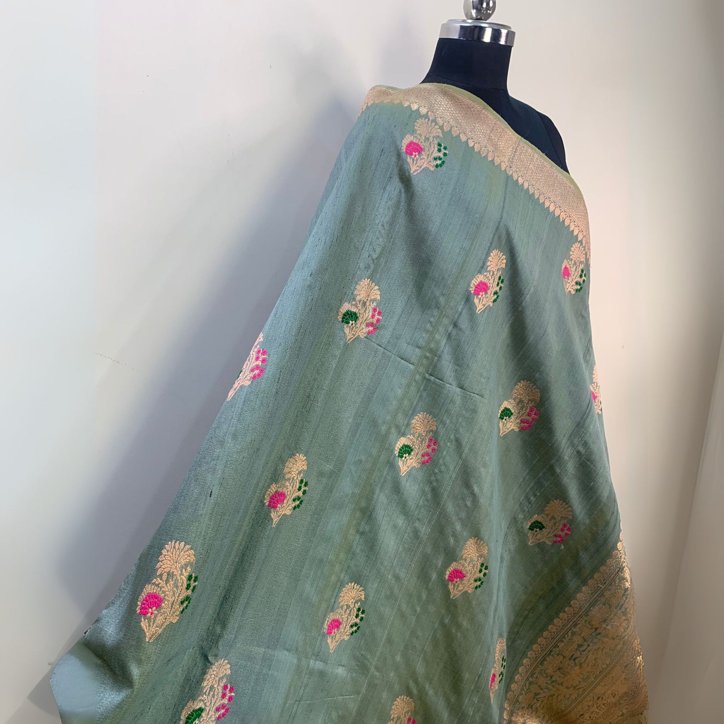 Pesta Green - Pink Minakari Tussar Banarasi Silk Saree