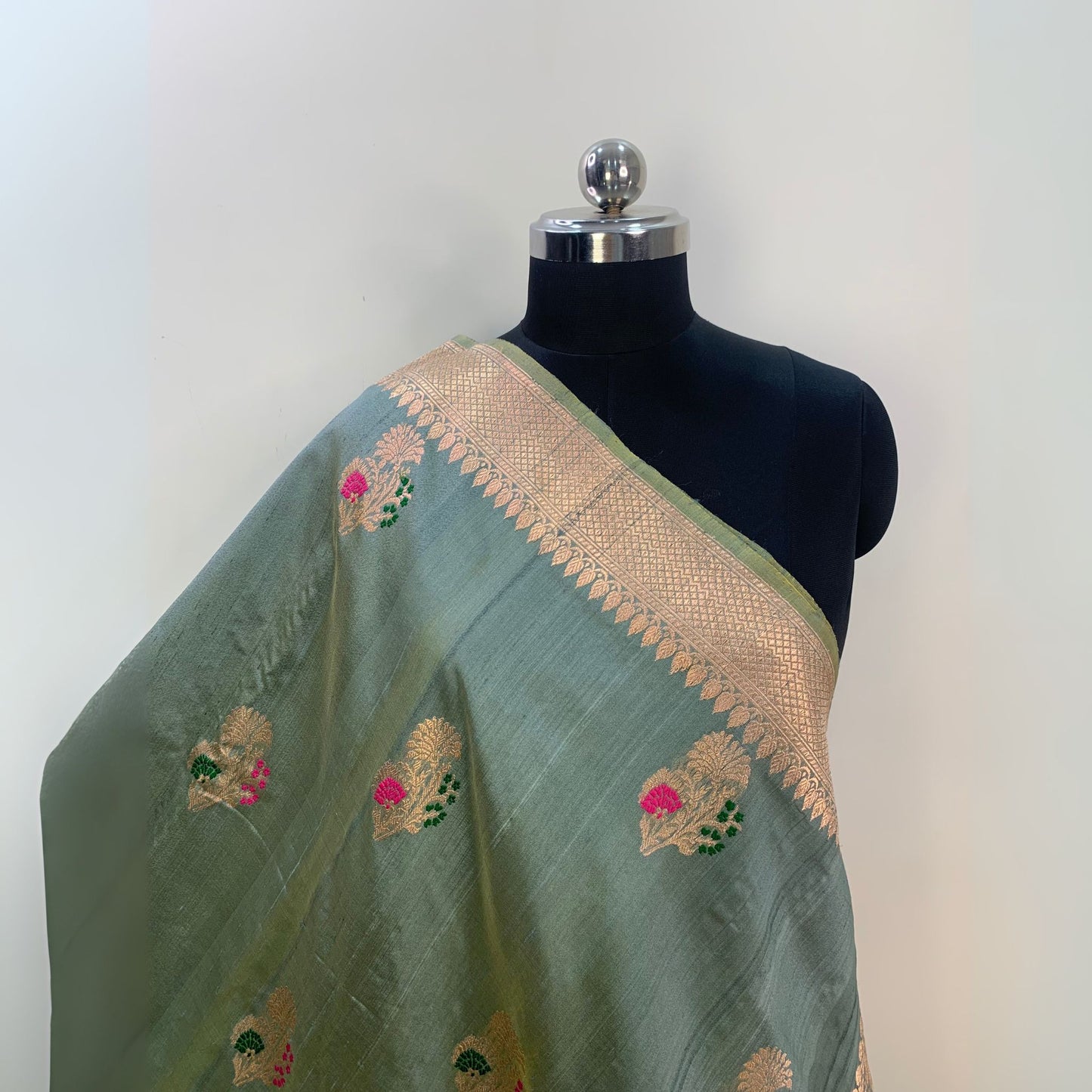 Pesta Green - Pink Minakari Tussar Banarasi Silk Saree
