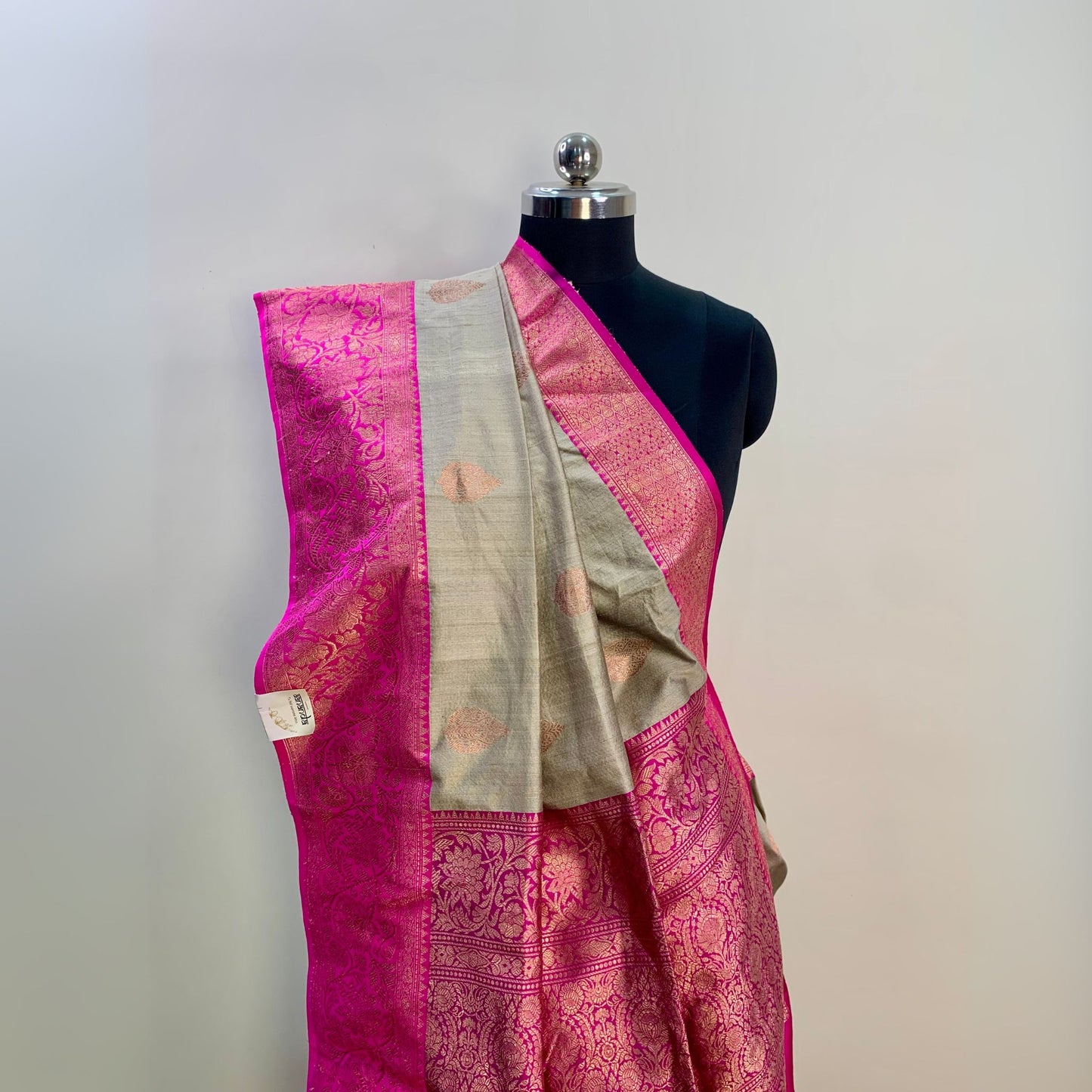 Light Grey & Pink Tussar Banarasi Silk Saree