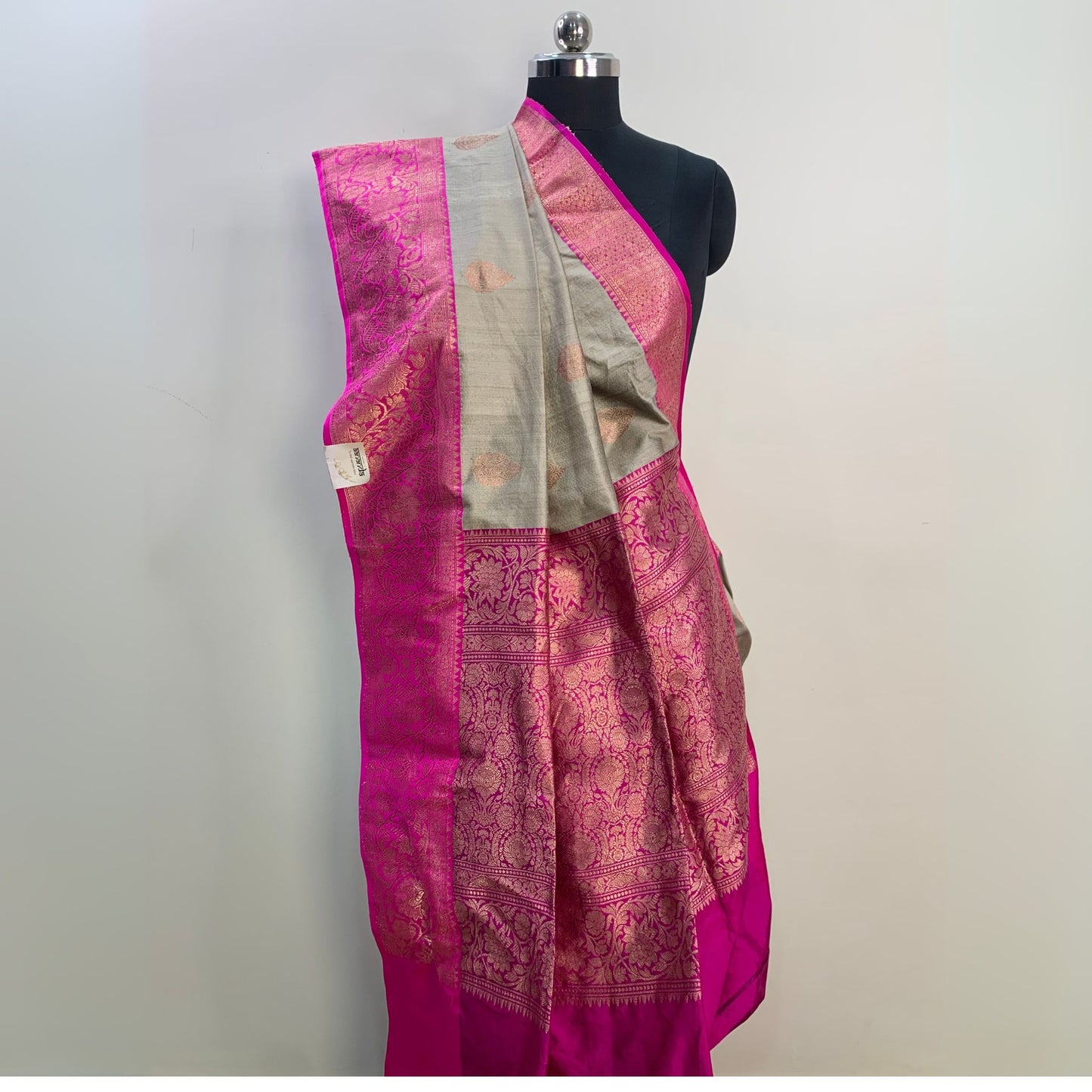 Light Grey & Pink Tussar Banarasi Silk Saree