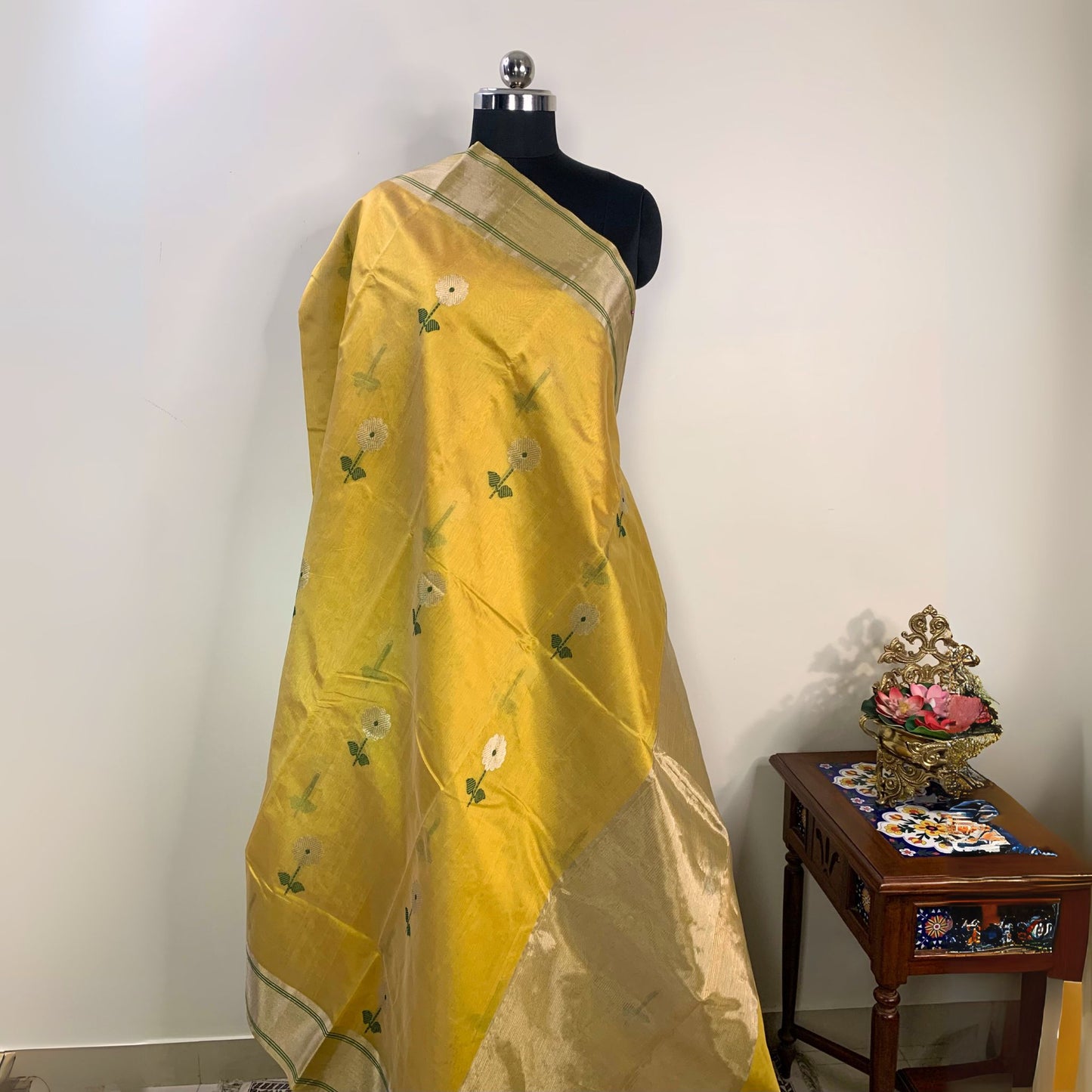 Yellow Green Chanderi Silk Saree