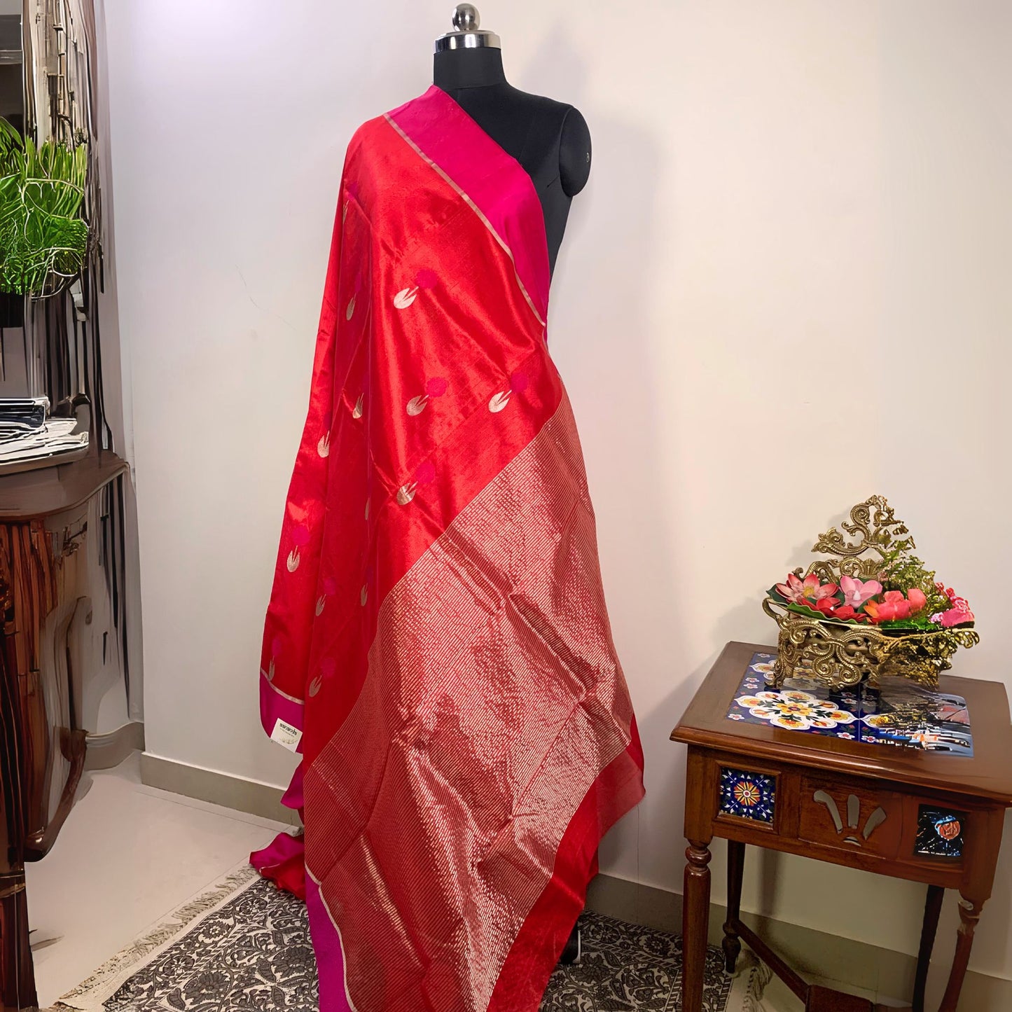 Red & Pink Silver Zari Chanderi Silk Saree