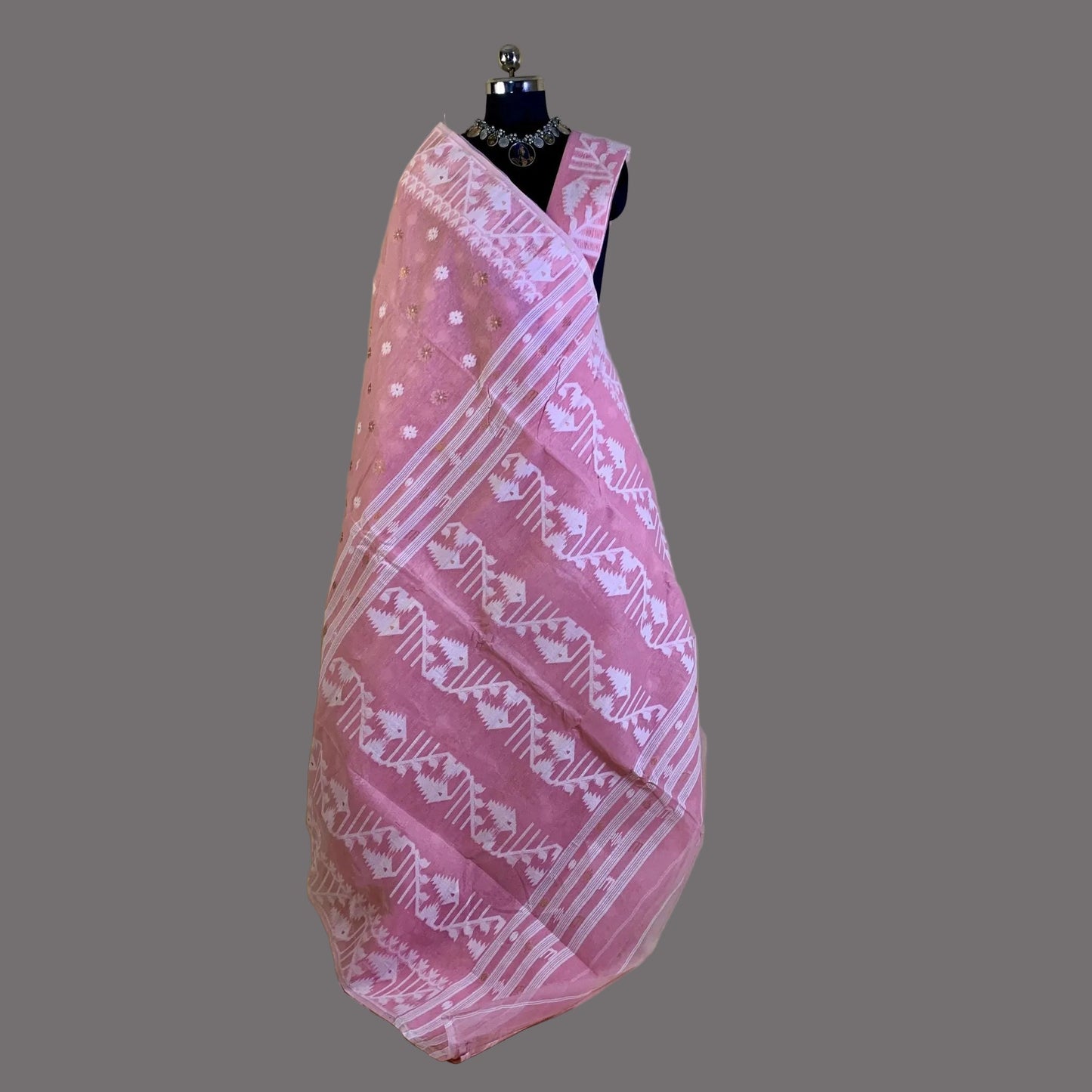Baby Pink Cotton Dhakai Jamdani Saree -Powerloom Sarees- Aananda Collections