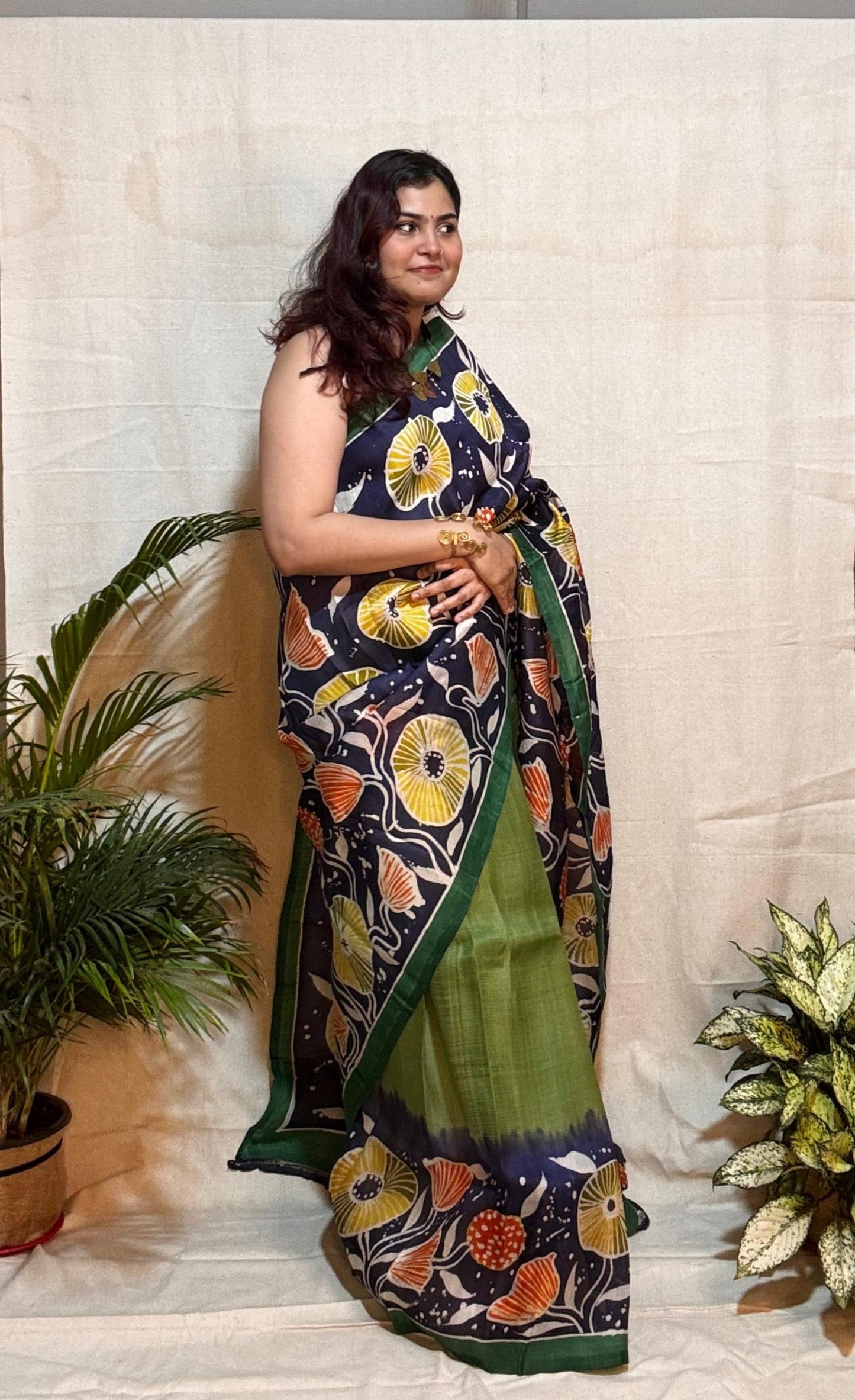 Navy Blue and Green Batik Printed Murshidabad Silk Saree