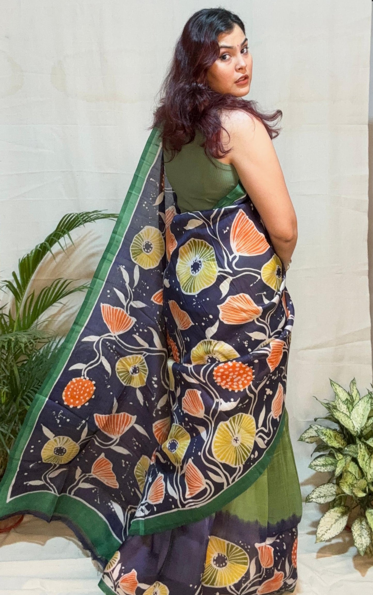 Navy Blue and Green Batik Printed Murshidabad Silk Saree