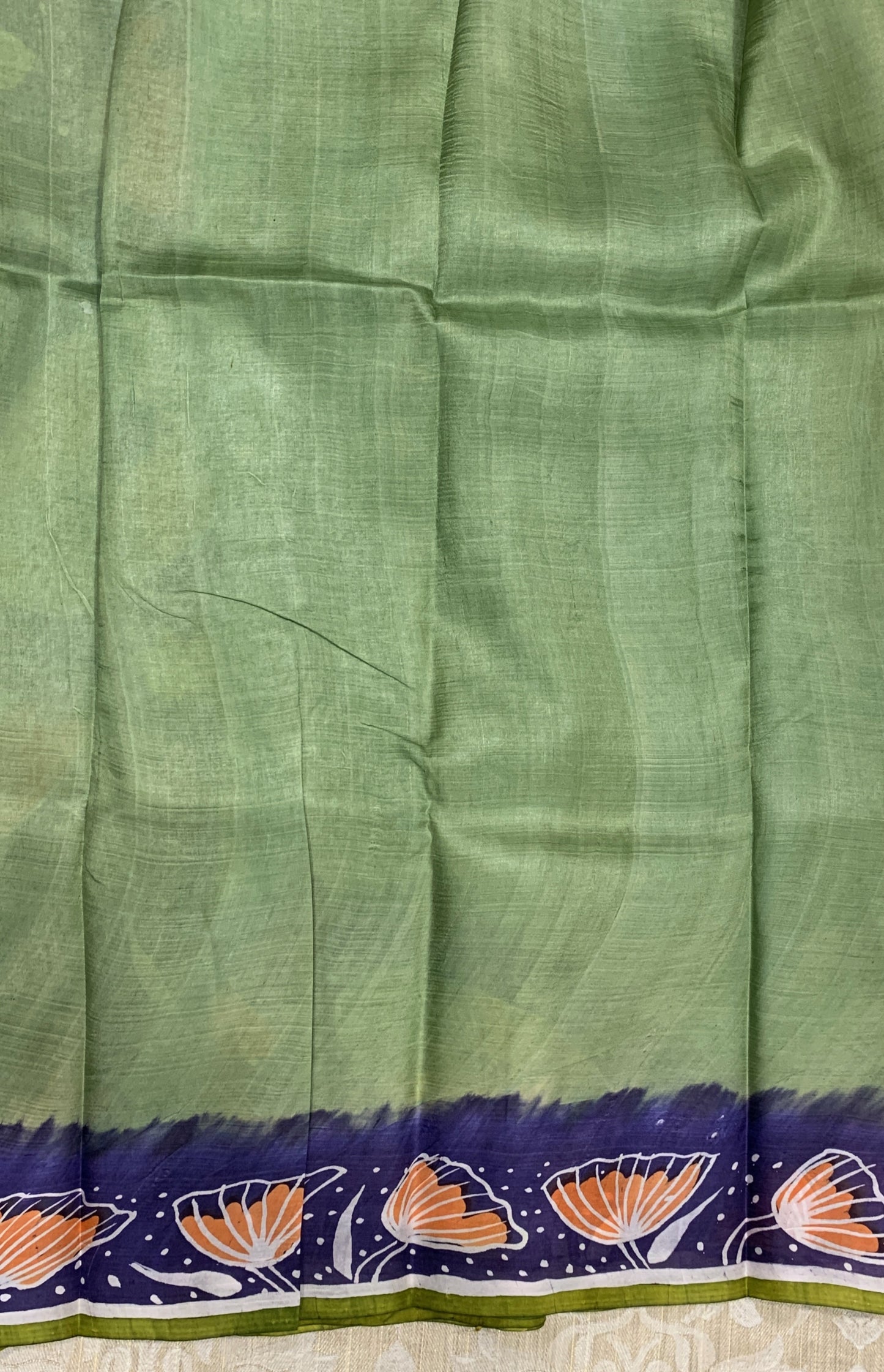 Navy Blue and Green Batik Printed Murshidabad Silk Saree