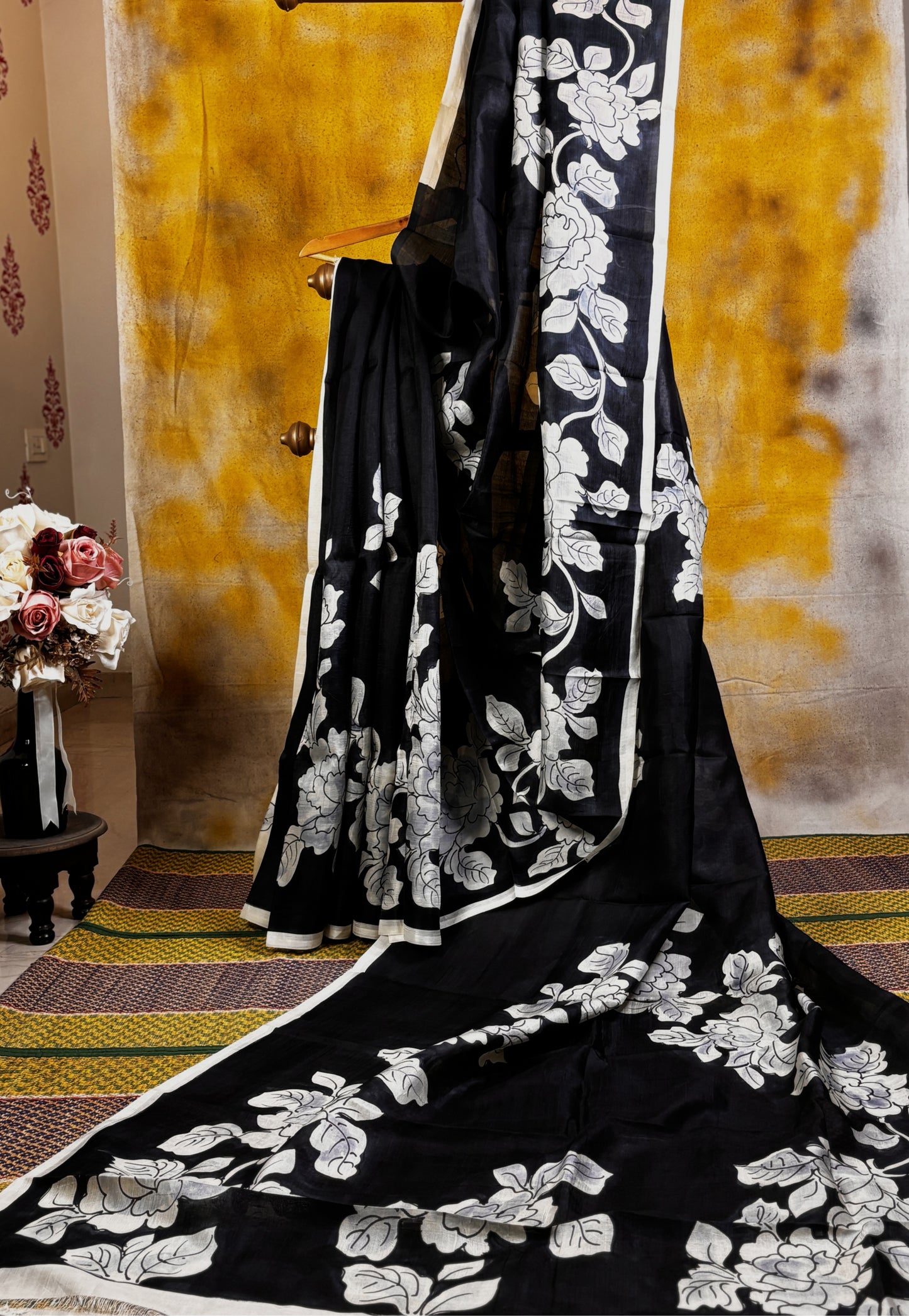 Black and White Hand Painted Murshidabad Silk Saree