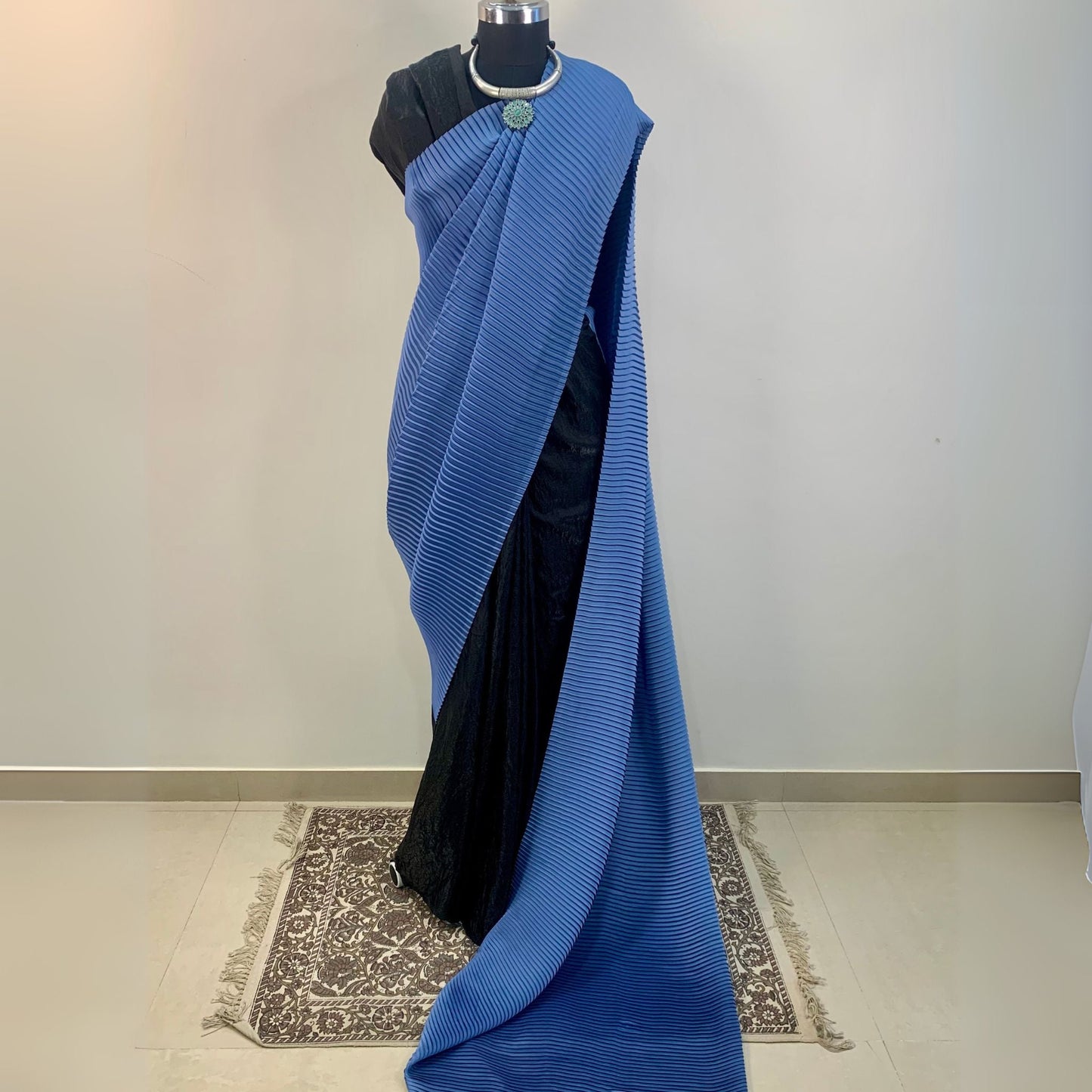 Blue & Black Accordion Pleated Designer Saree -Powerloom Sarees- Aananda Collections