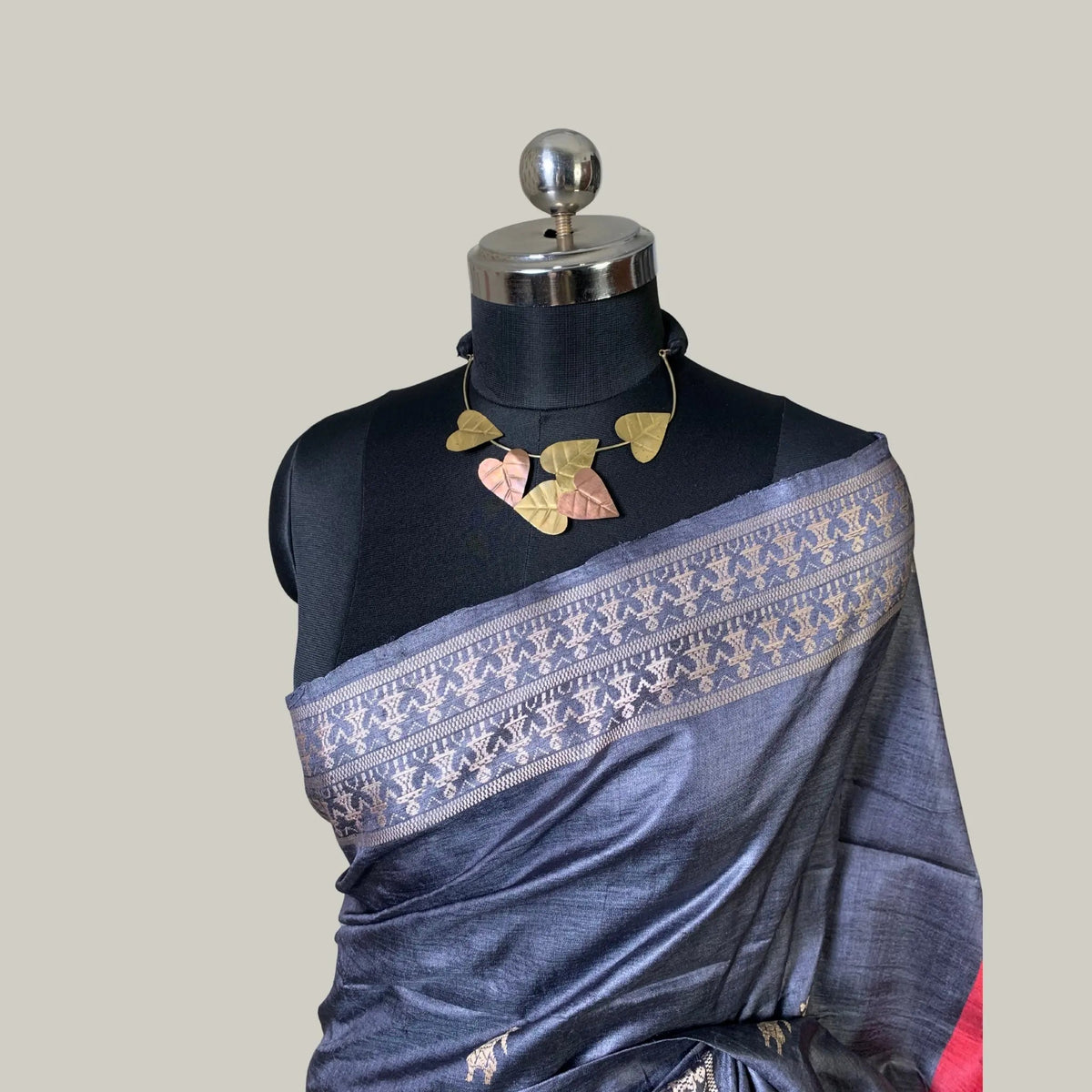 Charcoal Grey Vidarbha Tussar Silk Saree | Tribal Motif & Maroon Dolaberi Pallu -Handloom Sarees- Aananda Collections